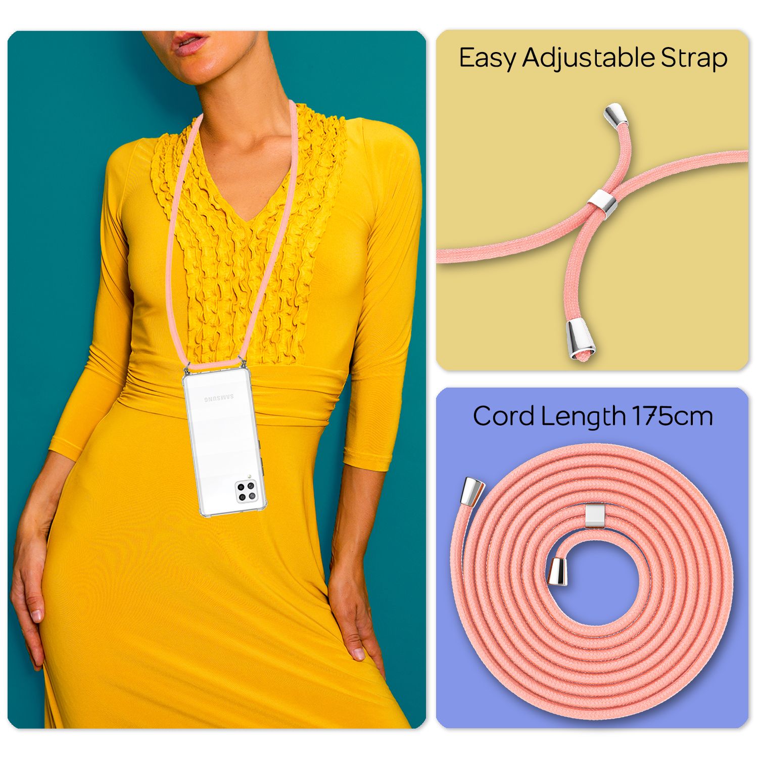 NALIA Handy Hülle mit Kette für Samsung Galaxy A42 5G, Transparent Cover Case Pink NALIA Transparente Hülle