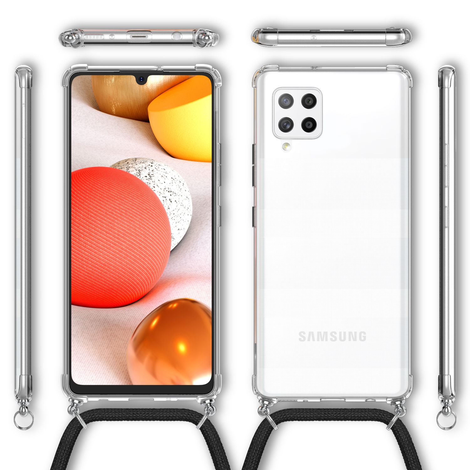 NALIA Handy Hülle mit Kette für Samsung Galaxy A42 5G, Transparent Cover Case Schwarz NALIA Transparente Hülle