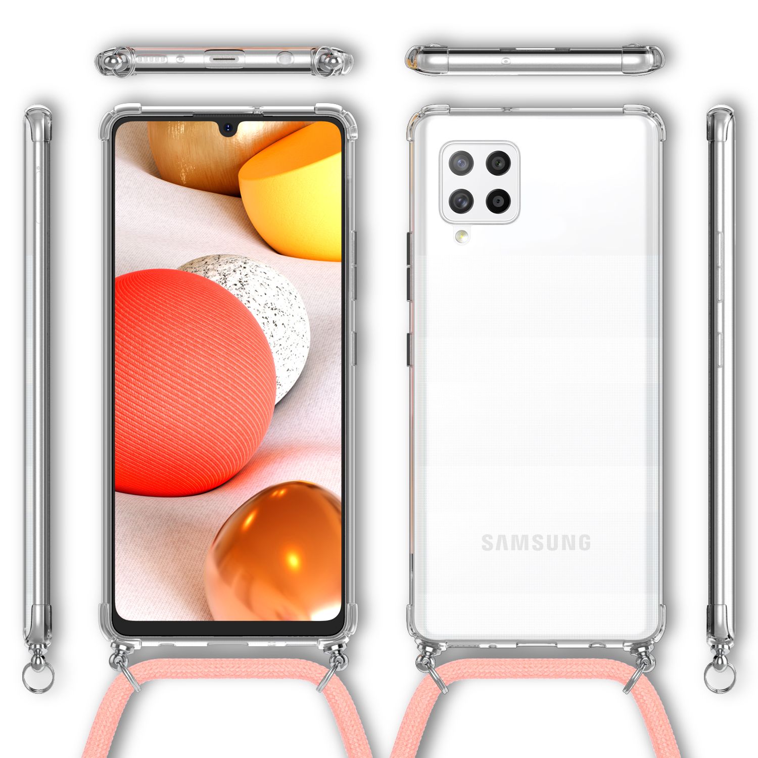 NALIA Handy Hülle mit Kette für Samsung Galaxy A42 5G, Transparent Cover Case Pink NALIA Transparente Hülle