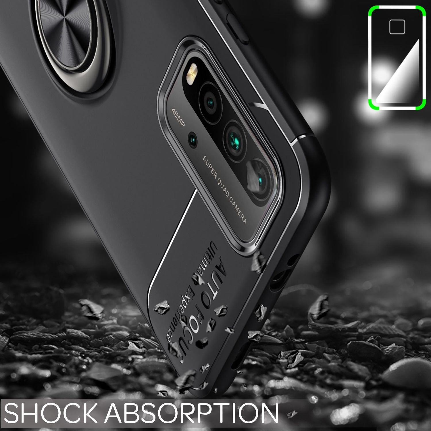 NALIA Ring Handyhülle für Xiaomi Redmi 9T, Silikon Cover Schutz Tasche Case Etui Schwarz NALIA Protective Hülle