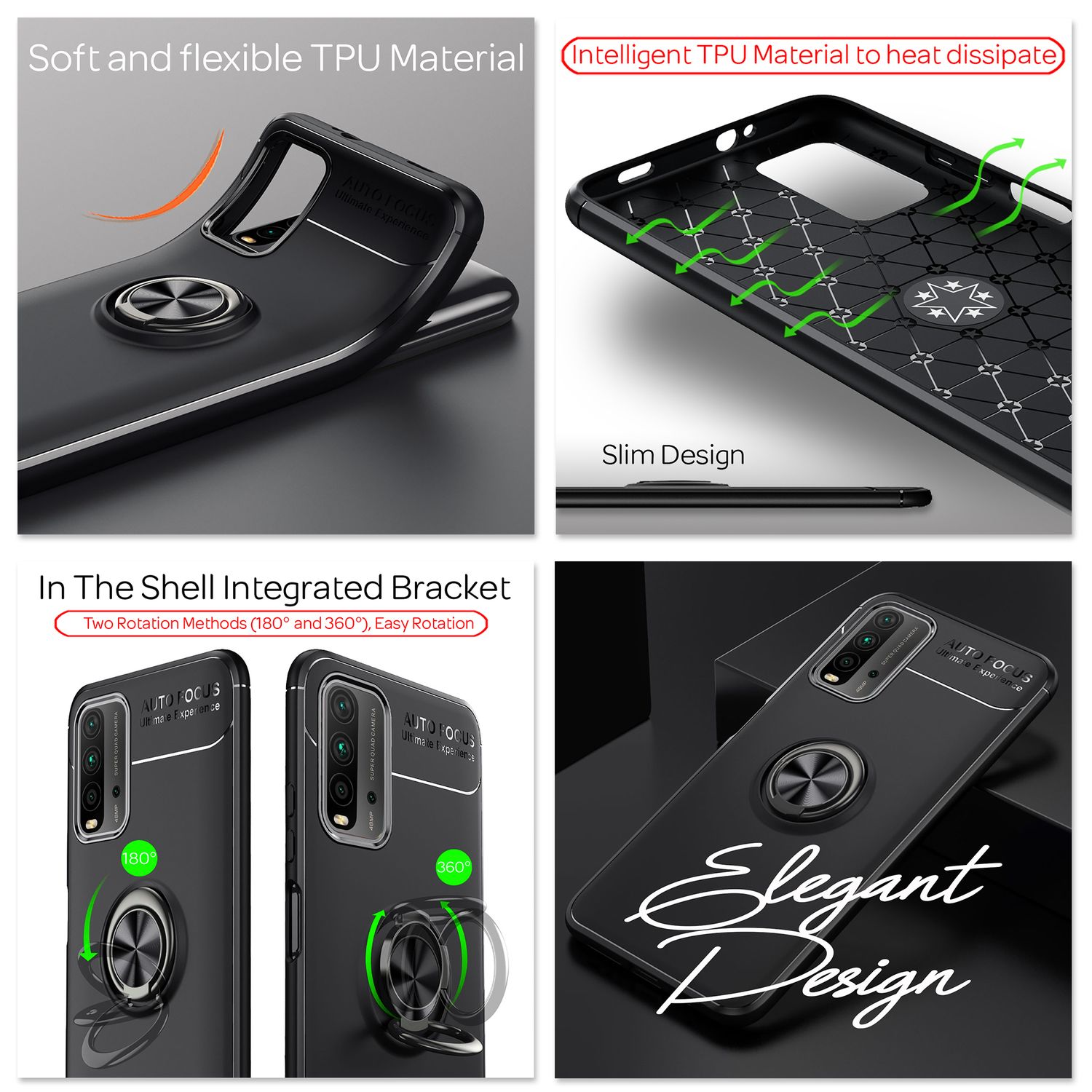 NALIA Ring Handyhülle für Xiaomi Redmi 9T, Silikon Cover Schutz Tasche Case Etui Schwarz NALIA Protective Hülle