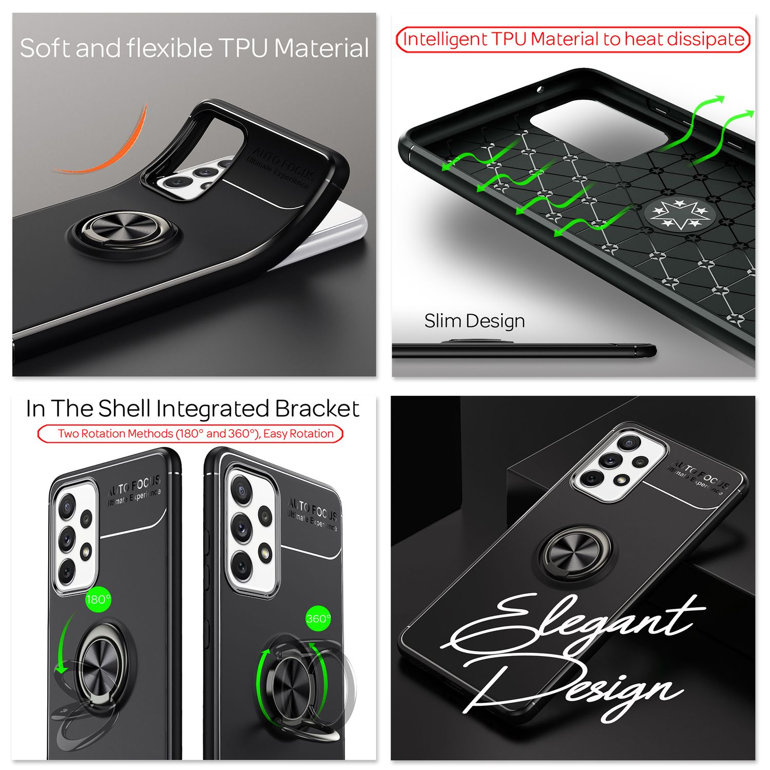 NALIA Ring Handyhülle für Samsung Galaxy A72, Silikon Cover Schutz Tasche Case Schwarz NALIA Protective Hülle