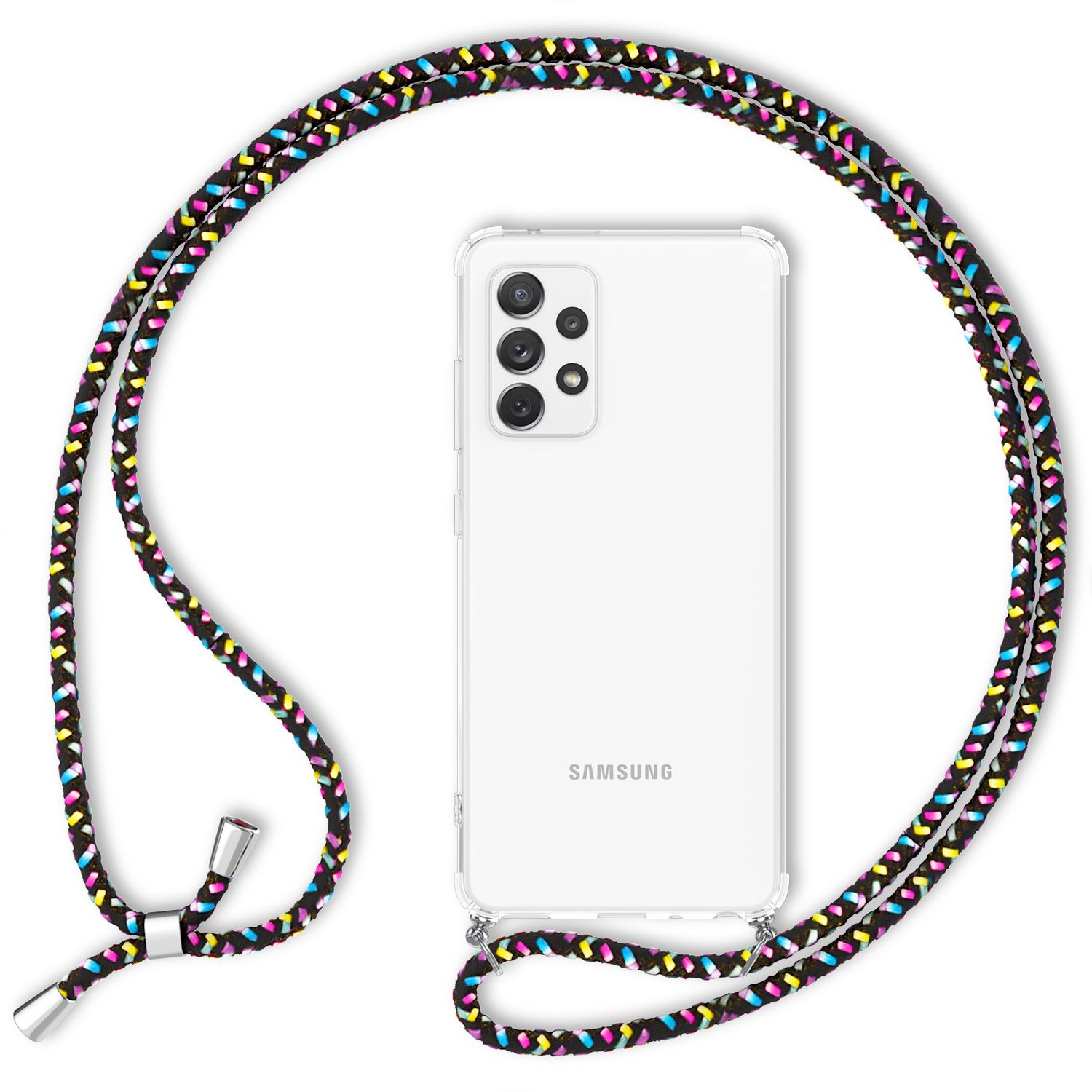 NALIA Handy Hülle mit Kette für Samsung Galaxy A72, Case Cover Umhängen Necklace Schwarz Bunt NALIA Transparente Hülle