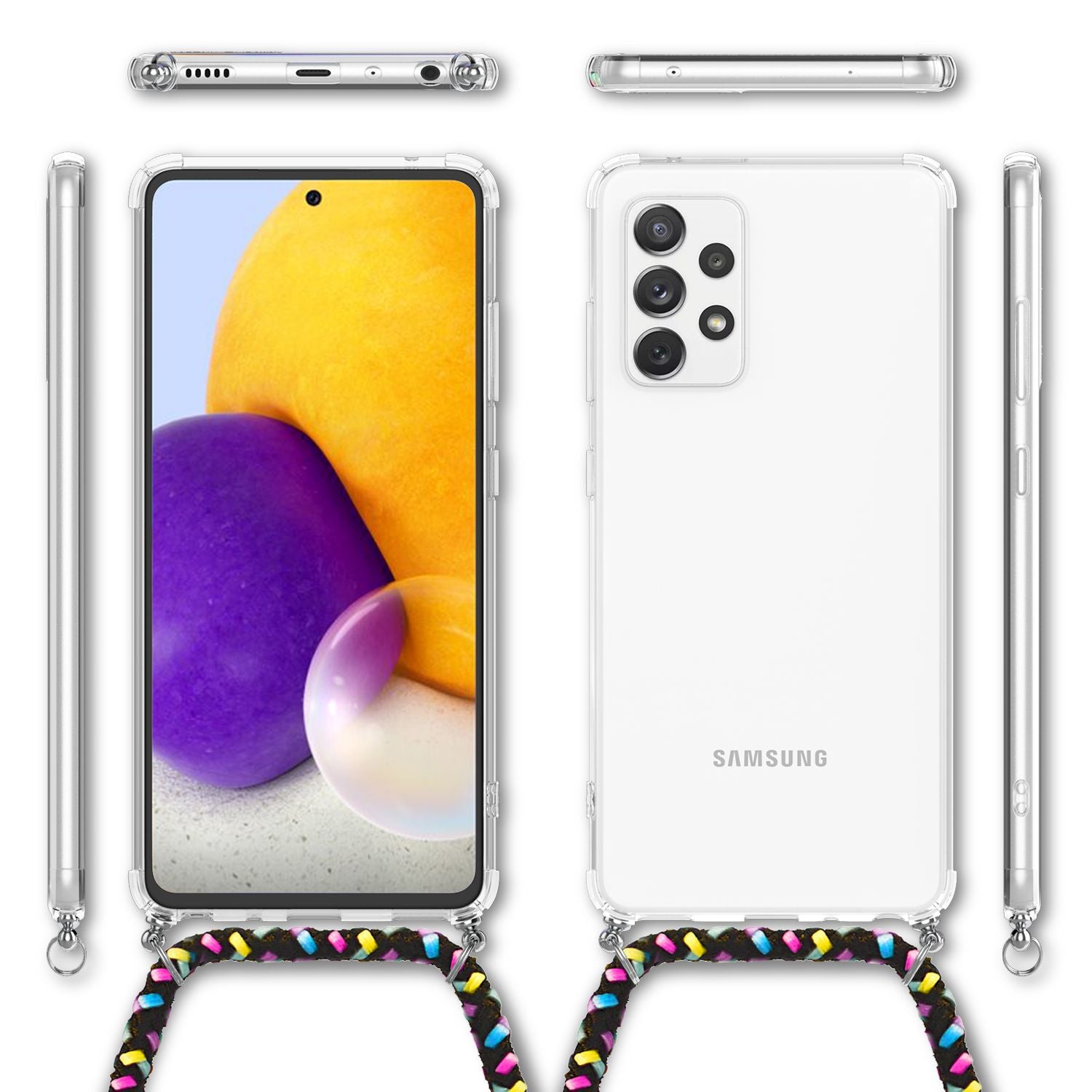 NALIA Handy Hülle mit Kette für Samsung Galaxy A72, Case Cover Umhängen Necklace Schwarz Bunt NALIA Transparente Hülle
