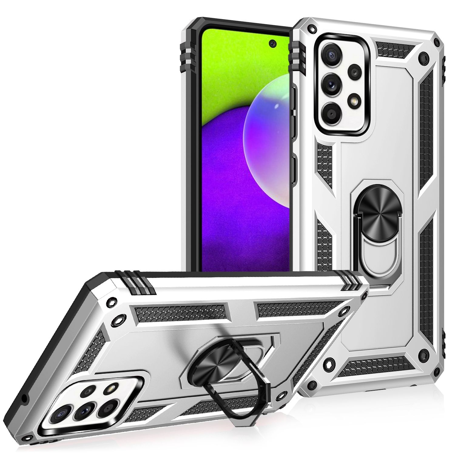 NALIA Ring Handyhülle für Samsung Galaxy A52 5G / A52 / A52s 5G, Kickstand Case Silber NALIA Outdoor Hülle