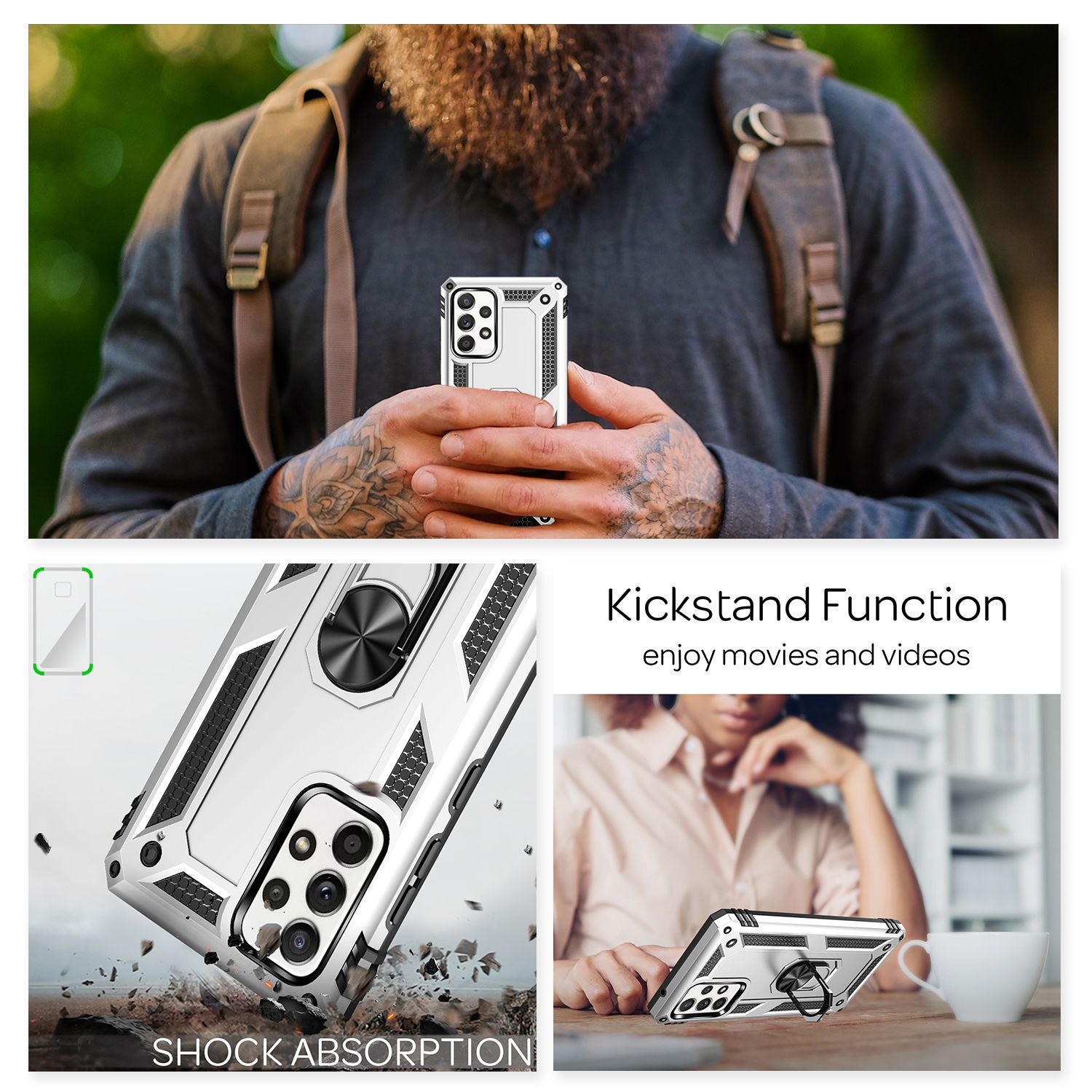 NALIA Ring Handyhülle für Samsung Galaxy A52 5G / A52 / A52s 5G, Kickstand Case Silber NALIA Outdoor Hülle