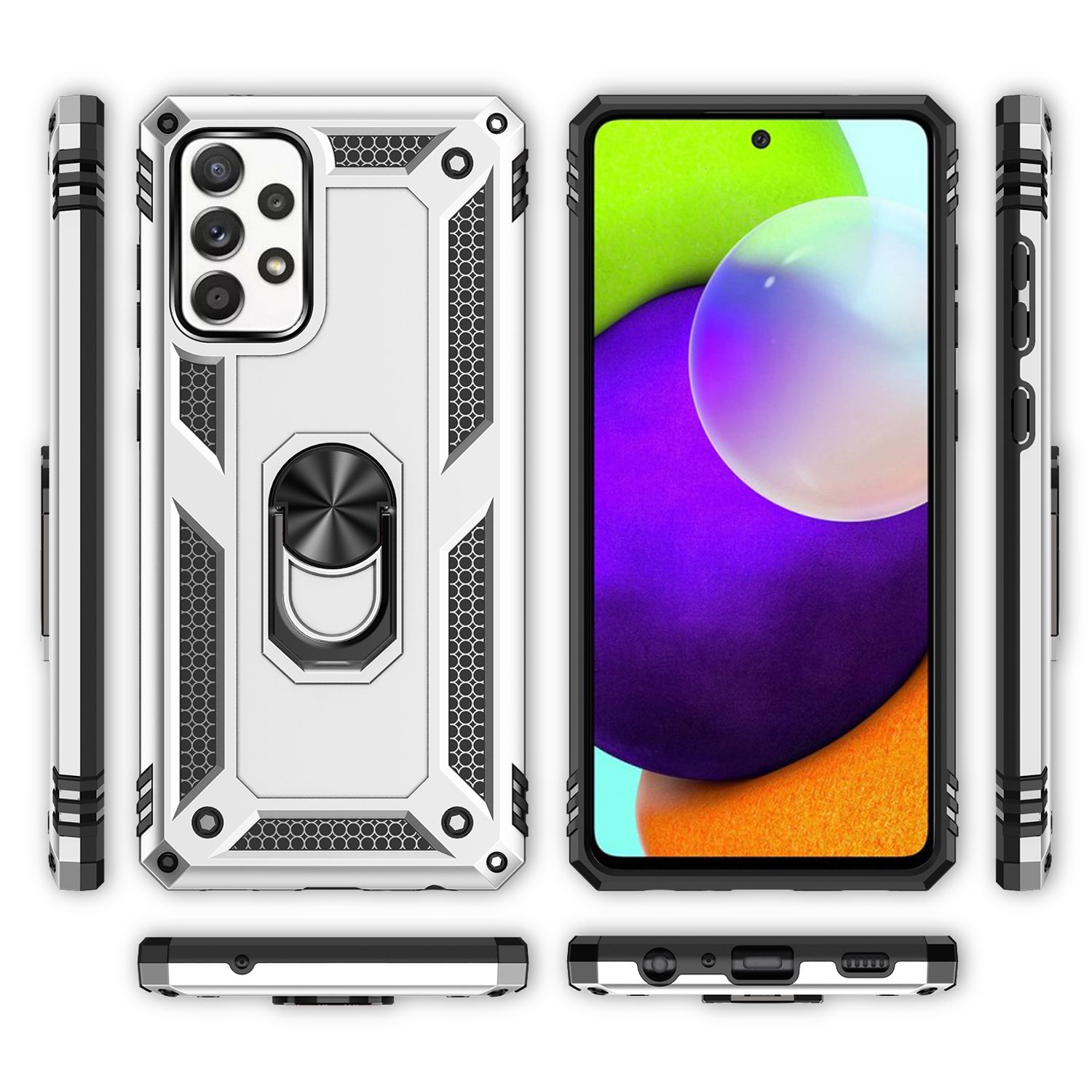 NALIA Ring Handyhülle für Samsung Galaxy A52 5G / A52 / A52s 5G, Kickstand Case Silber NALIA Outdoor Hülle