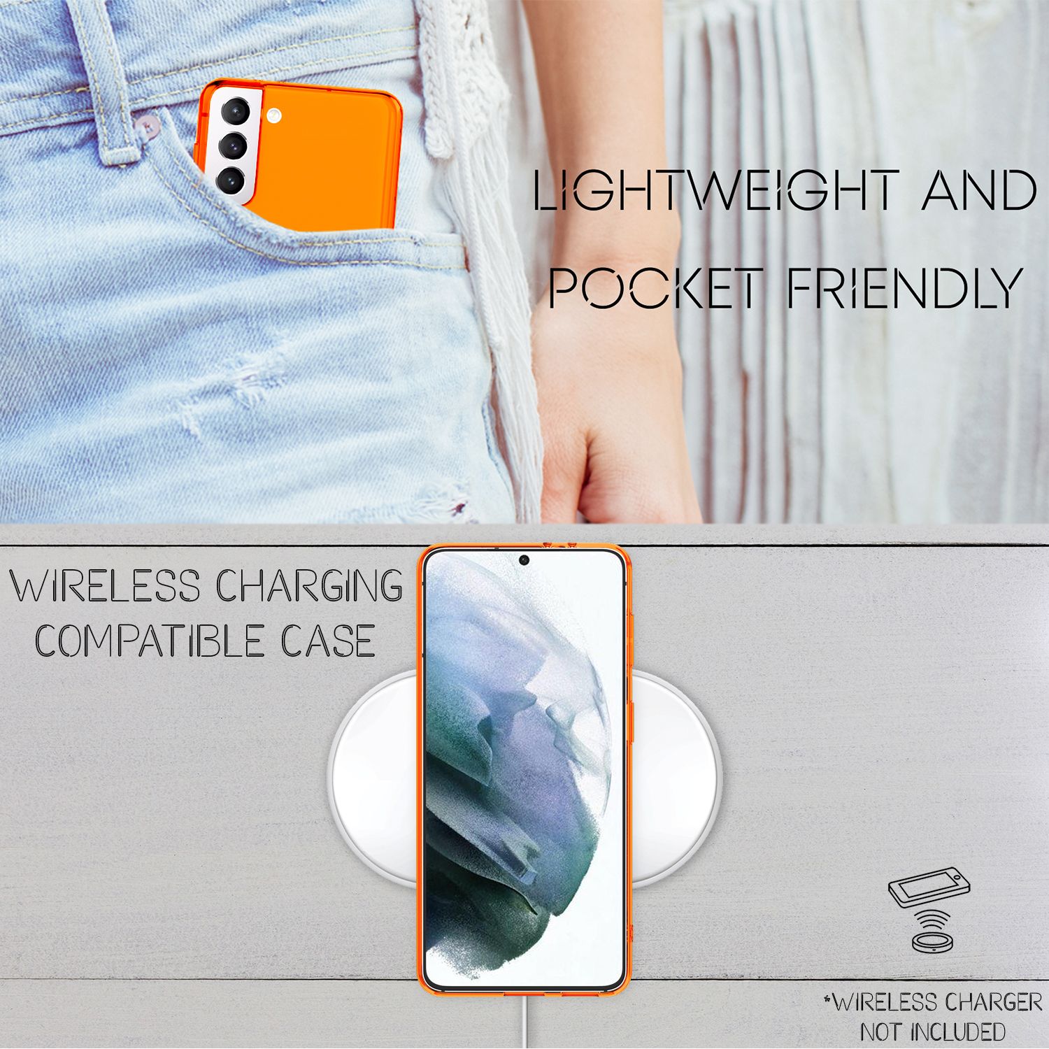 NALIA Neon Handy Hülle für Samsung Galaxy S21, Transparent Case Silikon Cover Orange NALIA Transparente Hülle