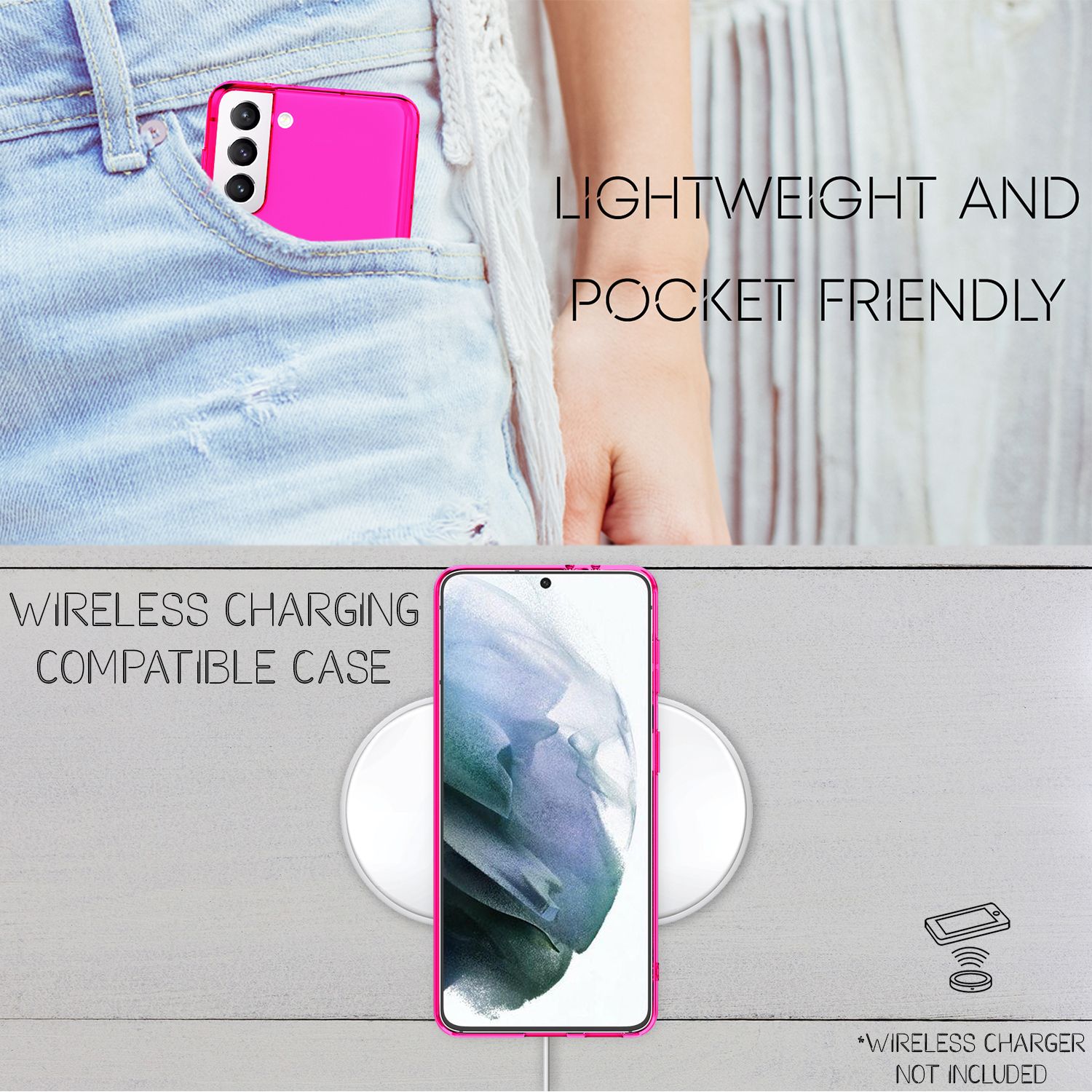 NALIA Neon Handy Hülle für Samsung Galaxy S21, Transparent Case Silikon Cover Pink NALIA Transparente Hülle