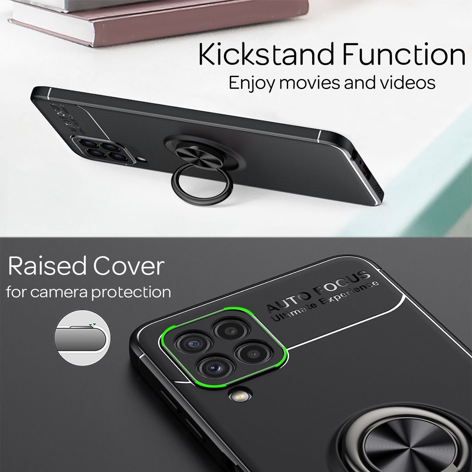 NALIA Matt-Schwarze Ringhülle für Samsung Galaxy A22, 360° Ring für Standfunktion Schwarz NALIA Protective Hülle