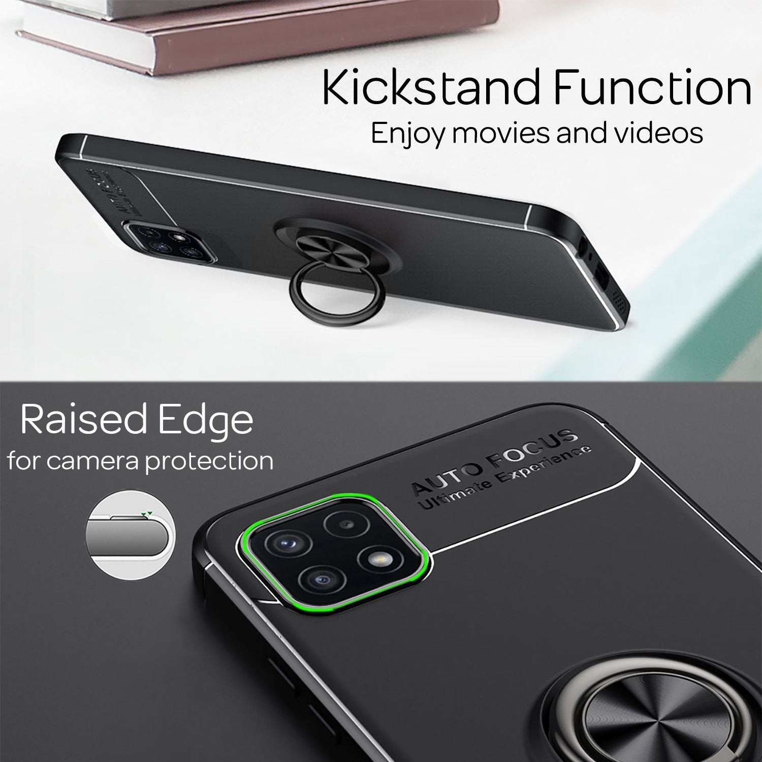 NALIA Matt-Schwarze Ringhülle für Samsung Galaxy A22 5G, 360° Ring Standfunktion Schwarz NALIA Protective Hülle