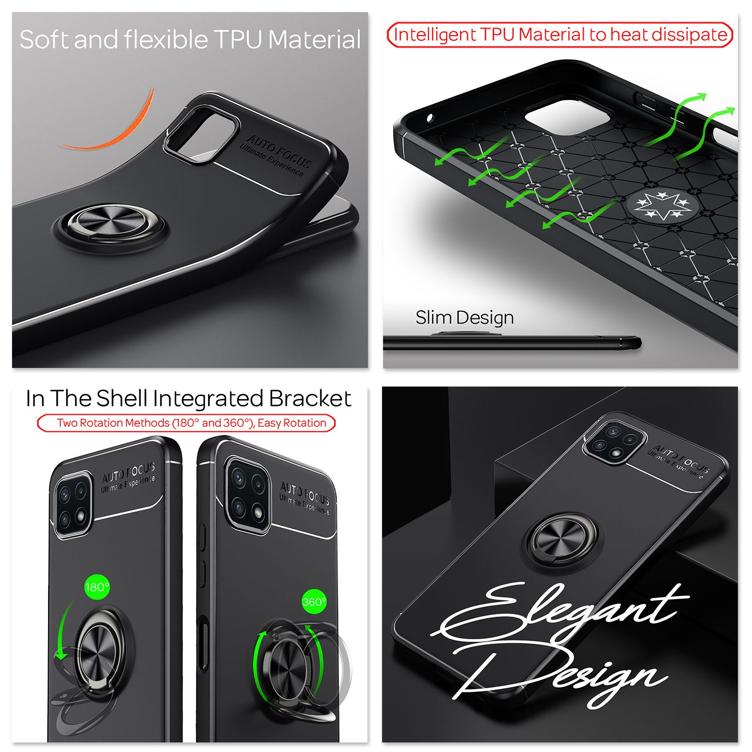 NALIA Matt-Schwarze Ringhülle für Samsung Galaxy A22 5G, 360° Ring Standfunktion Schwarz NALIA Protective Hülle