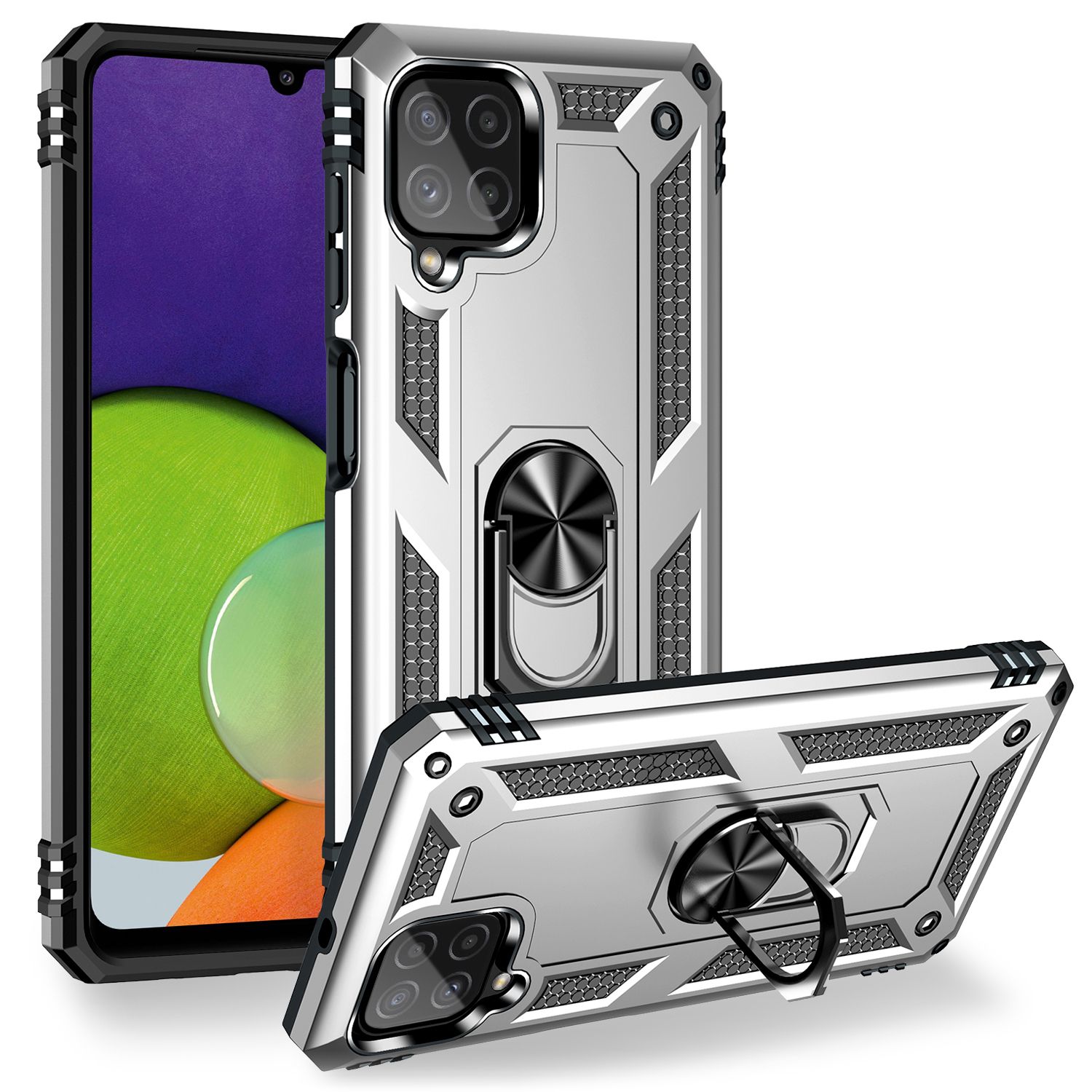 NALIA Military-Style Ringhülle für Samsung Galaxy A22, Extrem Schützend Stoßfest Silber NALIA Protective Hülle