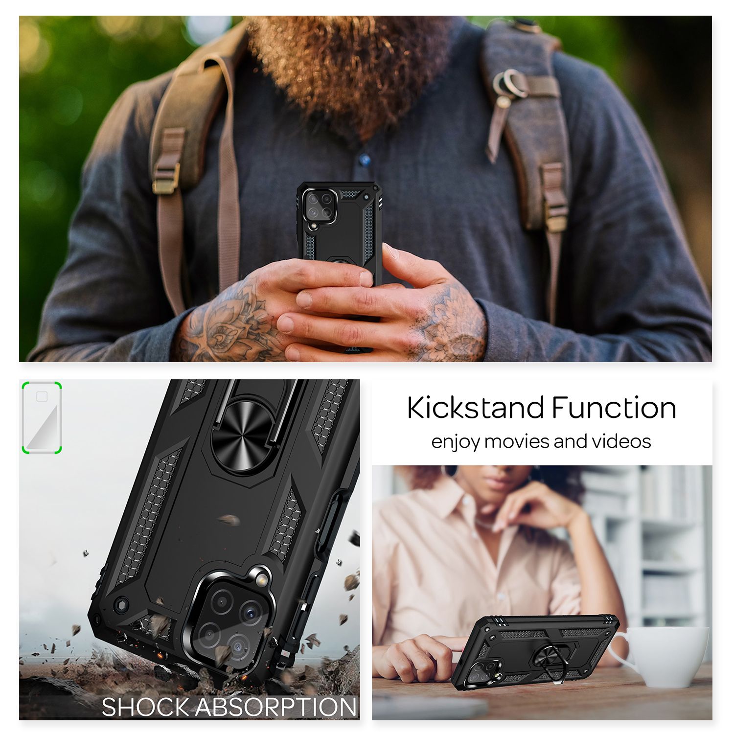 NALIA Military-Style Ringhülle für Samsung Galaxy A22, Extrem Schützend Stoßfest Schwarz NALIA Protective Hülle