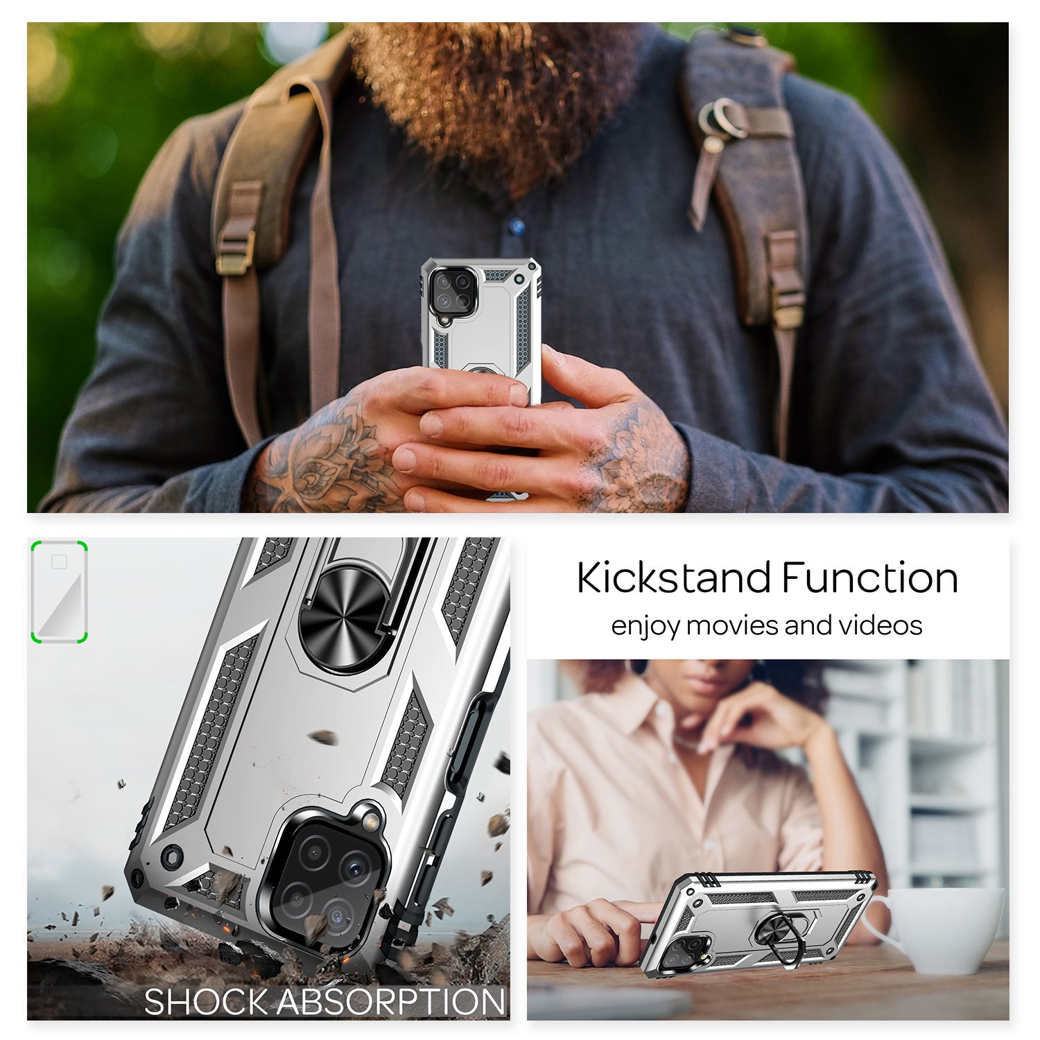 NALIA Military-Style Ringhülle für Samsung Galaxy A22, Extrem Schützend Stoßfest Silber NALIA Protective Hülle