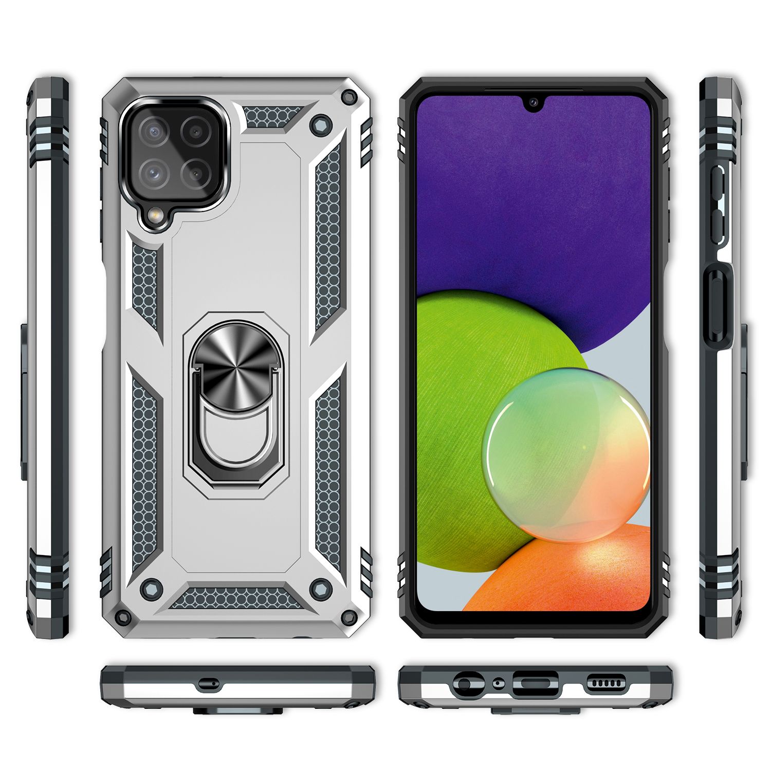NALIA Military-Style Ringhülle für Samsung Galaxy A22, Extrem Schützend Stoßfest Silber NALIA Protective Hülle