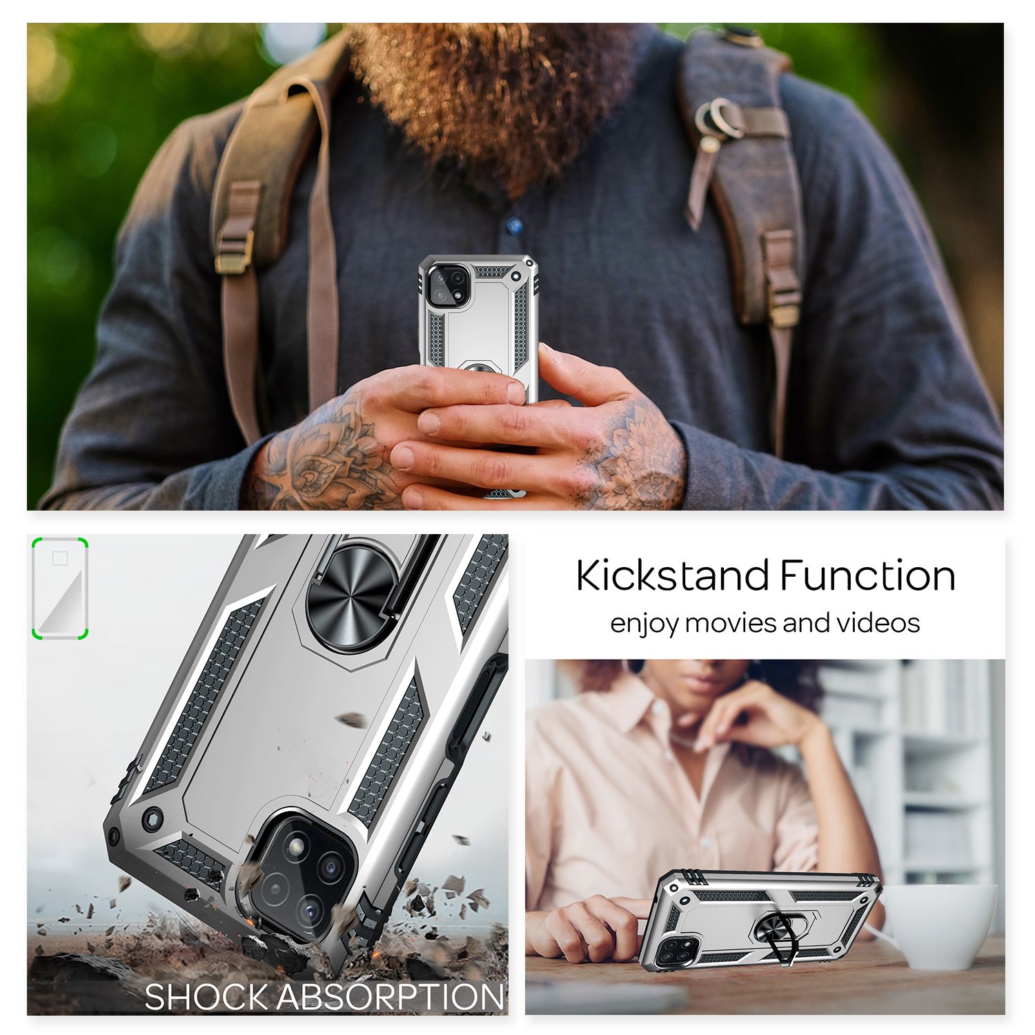 NALIA Military-Style Ringhülle für Samsung Galaxy A22 5G, Extrem Schützend Robust Silber NALIA Protective Hülle