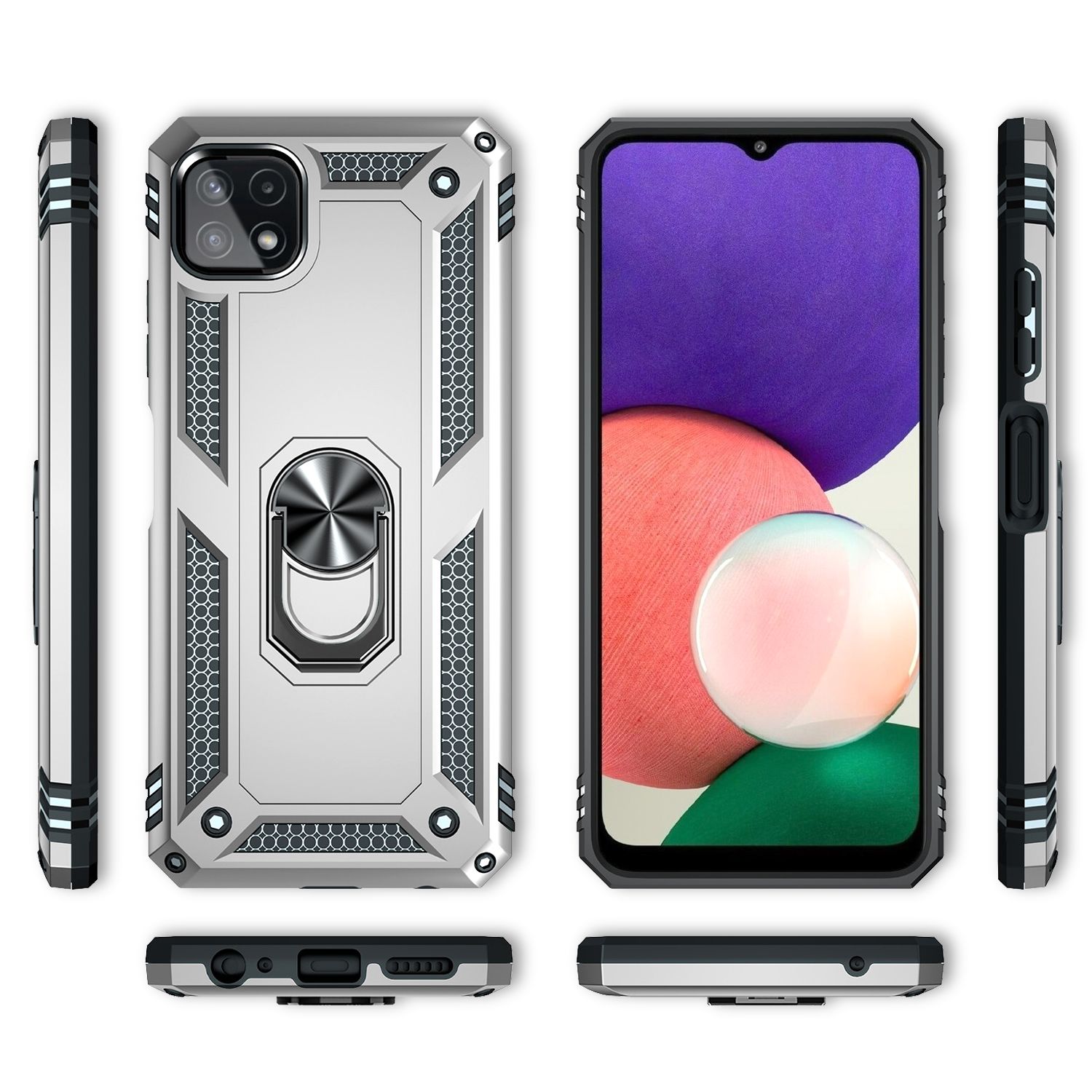 NALIA Military-Style Ringhülle für Samsung Galaxy A22 5G, Extrem Schützend Robust Silber NALIA Protective Hülle