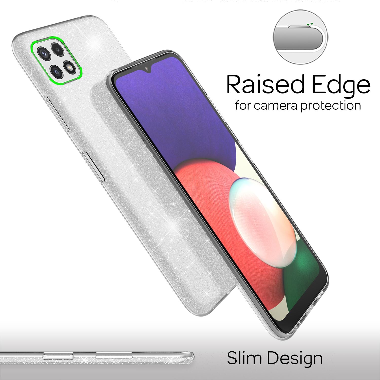 NALIA Robuste Glitzerhülle für Samsung Galaxy A22 5G, Stoßfest Glänzend, Verstärkte Silikonhülle Silber NALIA Protective Hülle