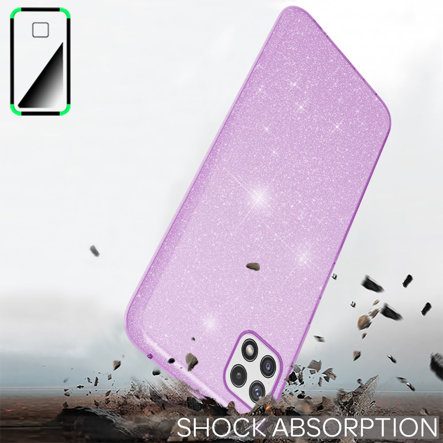 NALIA Robuste Glitzerhülle für Samsung Galaxy A22 5G, Stoßfest Glänzend, Verstärkte Silikonhülle Lila NALIA Protective Hülle