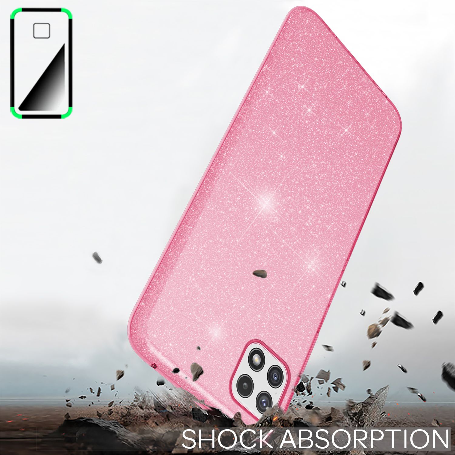 NALIA Robuste Glitzerhülle für Samsung Galaxy A22 5G, Stoßfest Glänzend, Verstärkte Silikonhülle Pink NALIA Protective Hülle