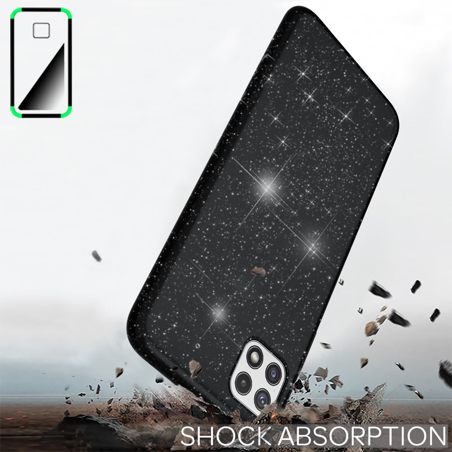 NALIA Robuste Glitzerhülle für Samsung Galaxy A22 5G, Stoßfest Glänzend, Verstärkte Silikonhülle Schwarz NALIA Protective Hülle