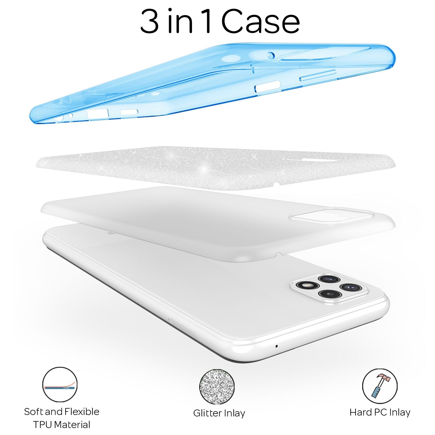 NALIA Robuste Glitzerhülle für Samsung Galaxy A22 5G, Stoßfest Glänzend, Verstärkte Silikonhülle Blau NALIA Protective Hülle