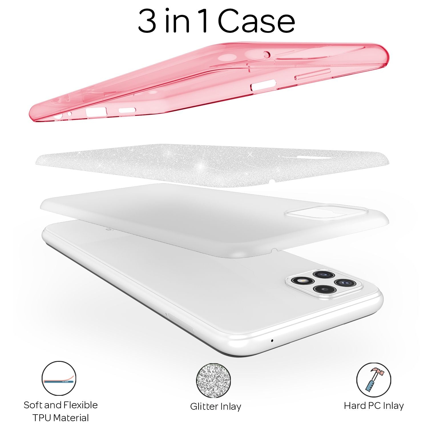 NALIA Robuste Glitzerhülle für Samsung Galaxy A22 5G, Stoßfest Glänzend, Verstärkte Silikonhülle Pink NALIA Protective Hülle