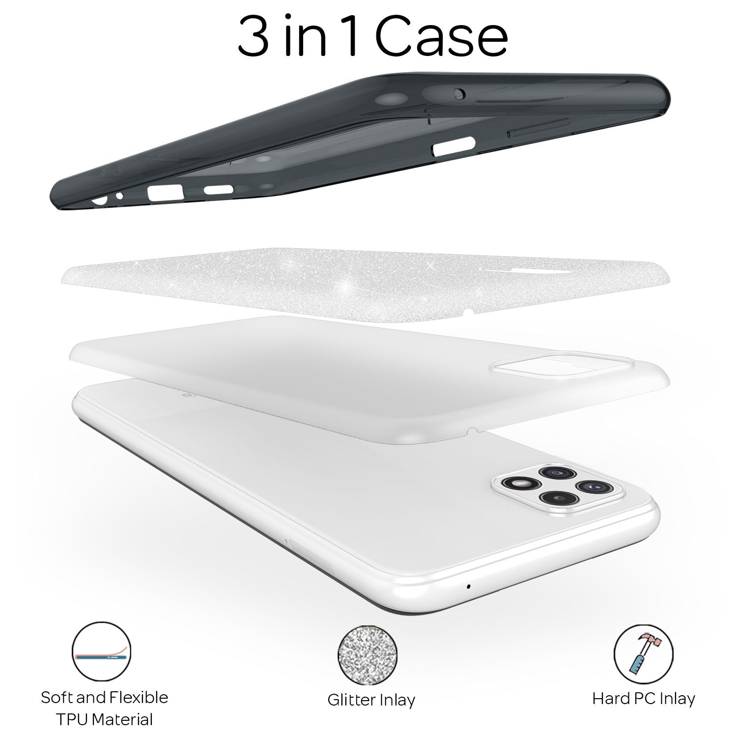 NALIA Robuste Glitzerhülle für Samsung Galaxy A22 5G, Stoßfest Glänzend, Verstärkte Silikonhülle Schwarz NALIA Protective Hülle