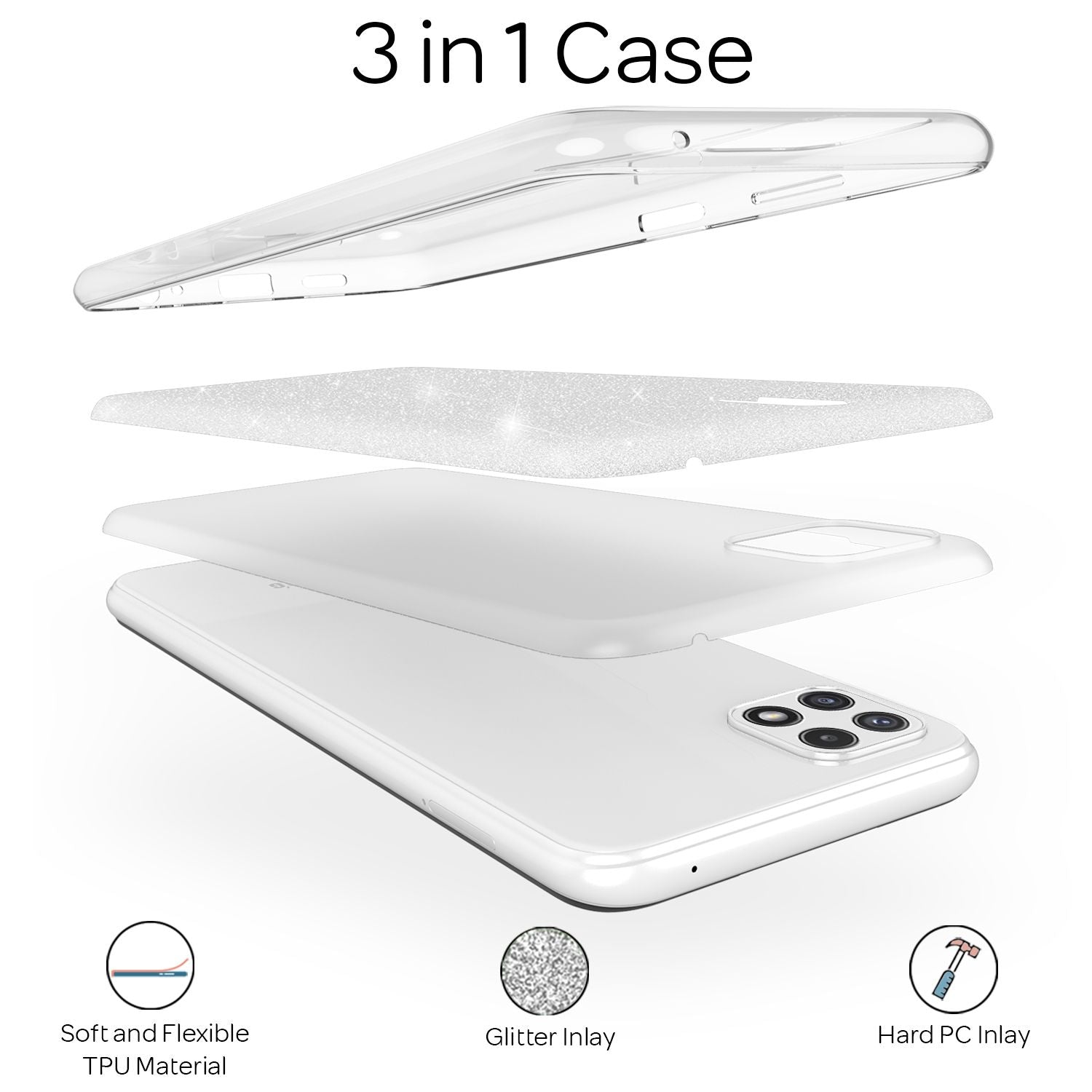 NALIA Robuste Glitzerhülle für Samsung Galaxy A22 5G, Stoßfest Glänzend, Verstärkte Silikonhülle Silber NALIA Protective Hülle