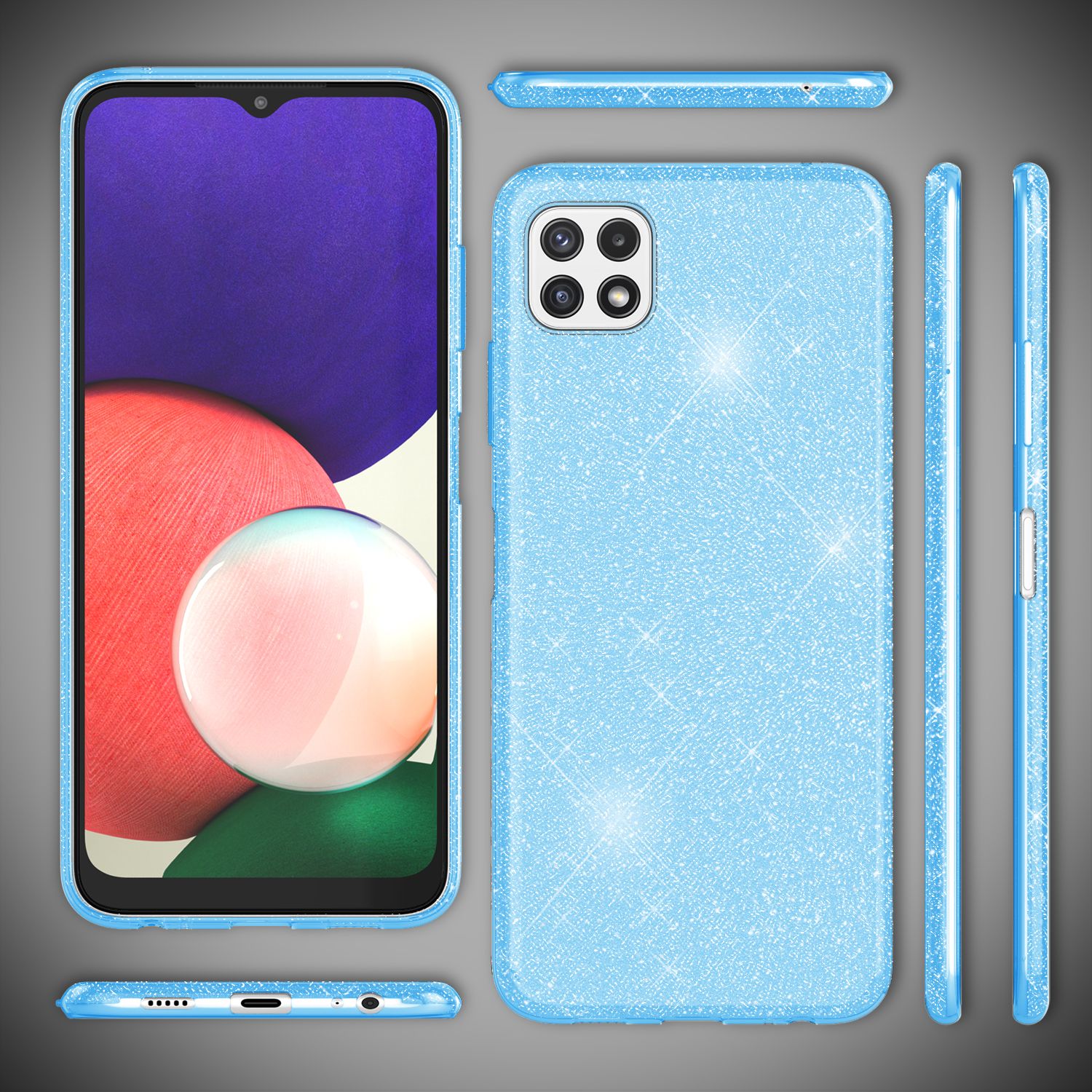 NALIA Robuste Glitzerhülle für Samsung Galaxy A22 5G, Stoßfest Glänzend, Verstärkte Silikonhülle Blau NALIA Protective Hülle