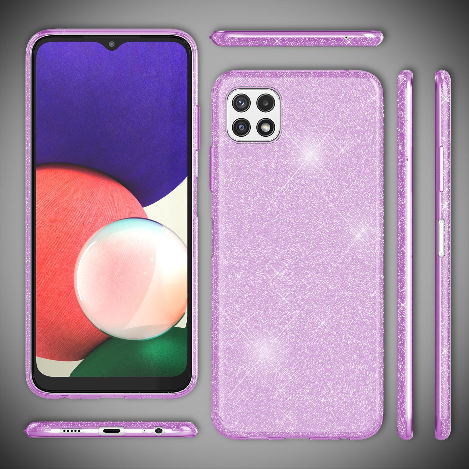 NALIA Robuste Glitzerhülle für Samsung Galaxy A22 5G, Stoßfest Glänzend, Verstärkte Silikonhülle Lila NALIA Protective Hülle
