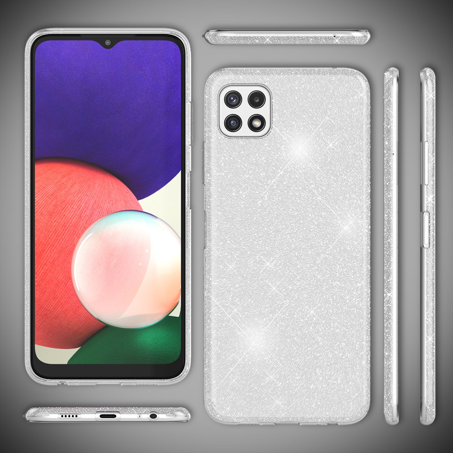 NALIA Robuste Glitzerhülle für Samsung Galaxy A22 5G, Stoßfest Glänzend, Verstärkte Silikonhülle Silber NALIA Protective Hülle