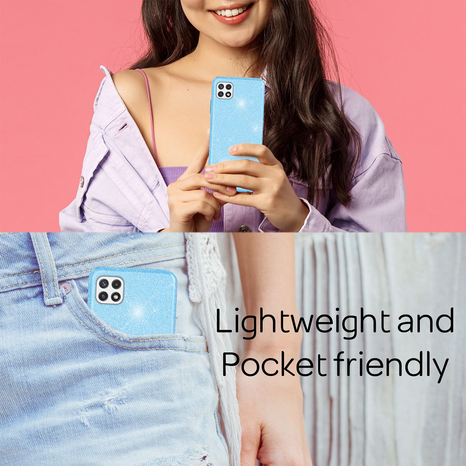 NALIA Robuste Glitzerhülle für Samsung Galaxy A22 5G, Stoßfest Glänzend, Verstärkte Silikonhülle Blau NALIA Protective Hülle