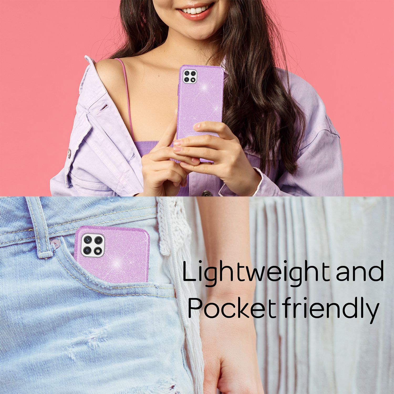 NALIA Robuste Glitzerhülle für Samsung Galaxy A22 5G, Stoßfest Glänzend, Verstärkte Silikonhülle Lila NALIA Protective Hülle