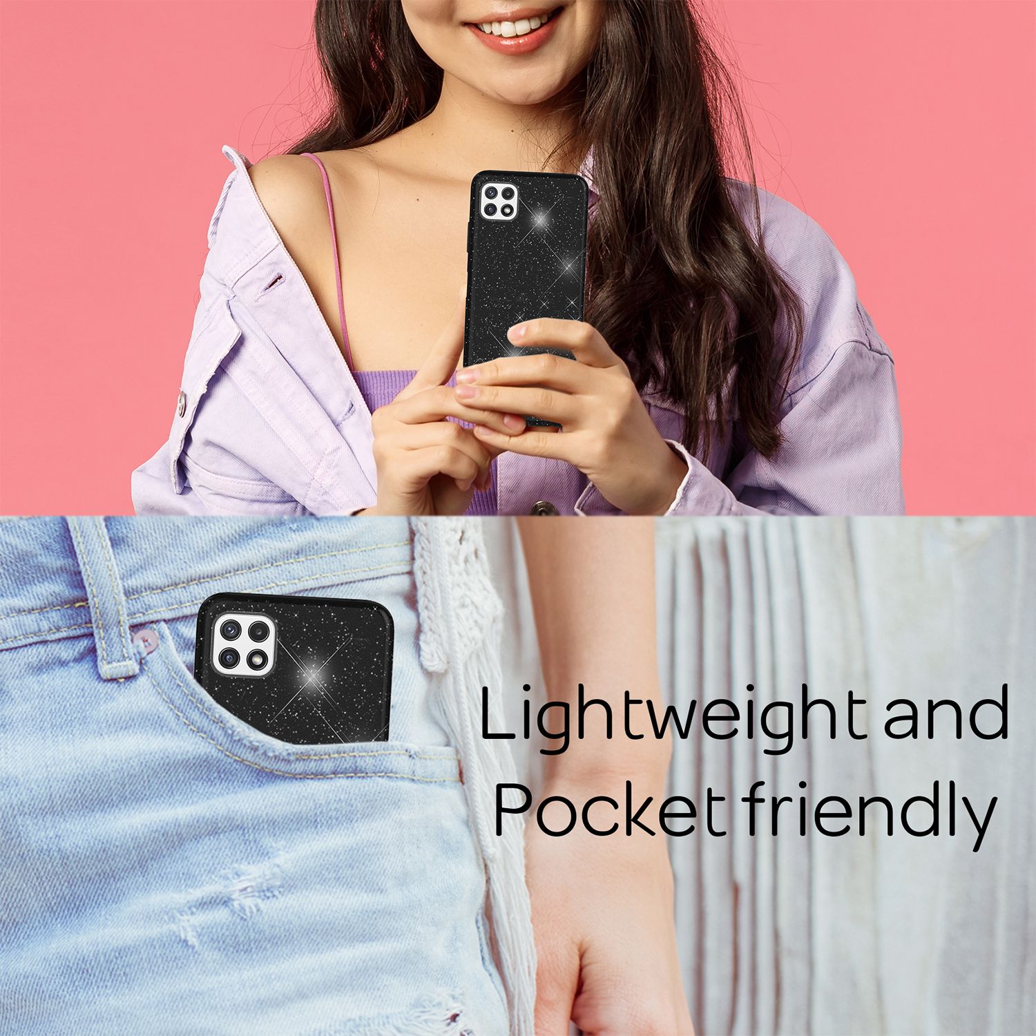 NALIA Robuste Glitzerhülle für Samsung Galaxy A22 5G, Stoßfest Glänzend, Verstärkte Silikonhülle Schwarz NALIA Protective Hülle