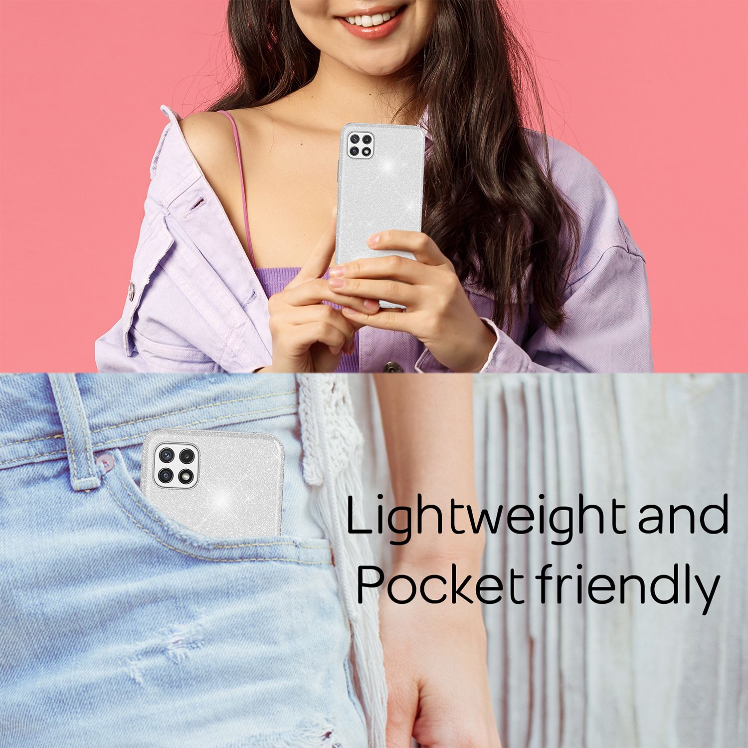 NALIA Robuste Glitzerhülle für Samsung Galaxy A22 5G, Stoßfest Glänzend, Verstärkte Silikonhülle Silber NALIA Protective Hülle