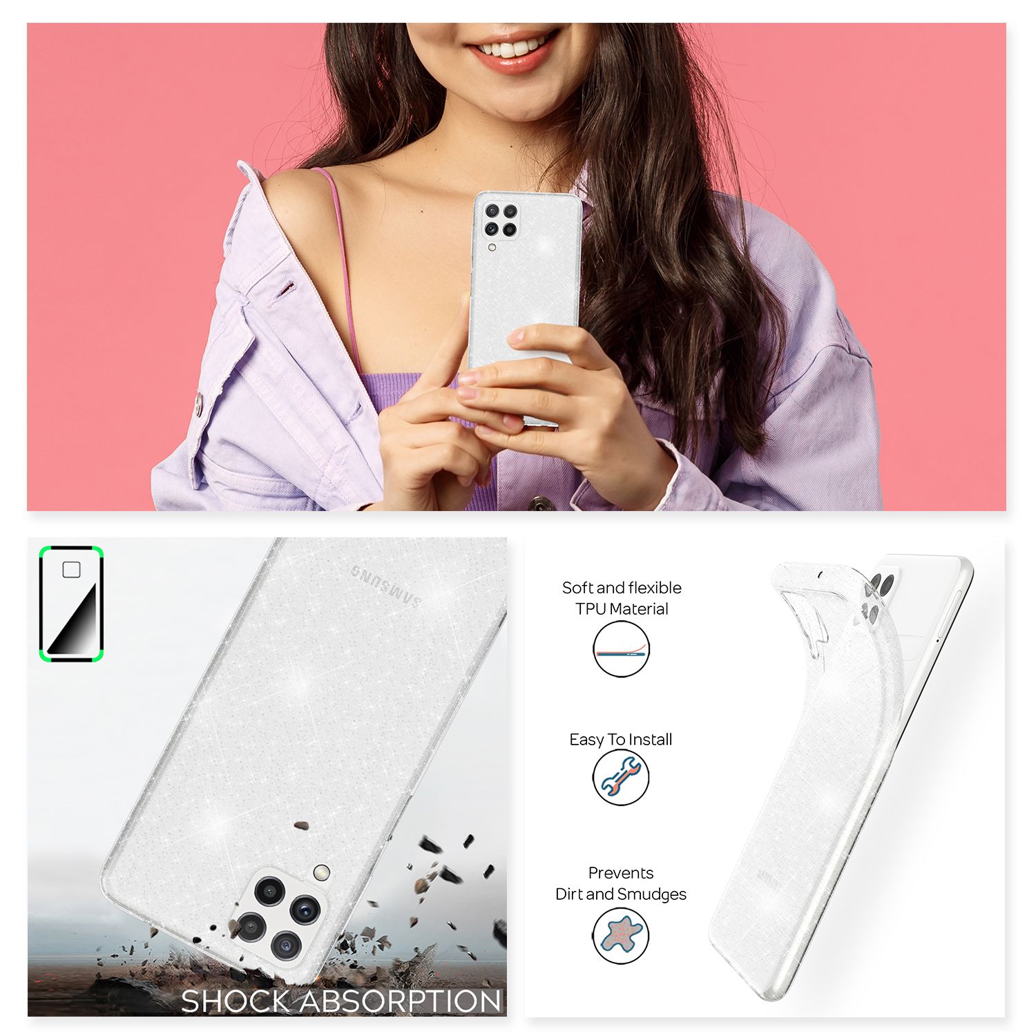 NALIA Klare Glitzerhülle für Samsung Galaxy A22, Durchsichtig Vergilbungsfrei Glitter Case Default Title NALIA Transparente Hülle
