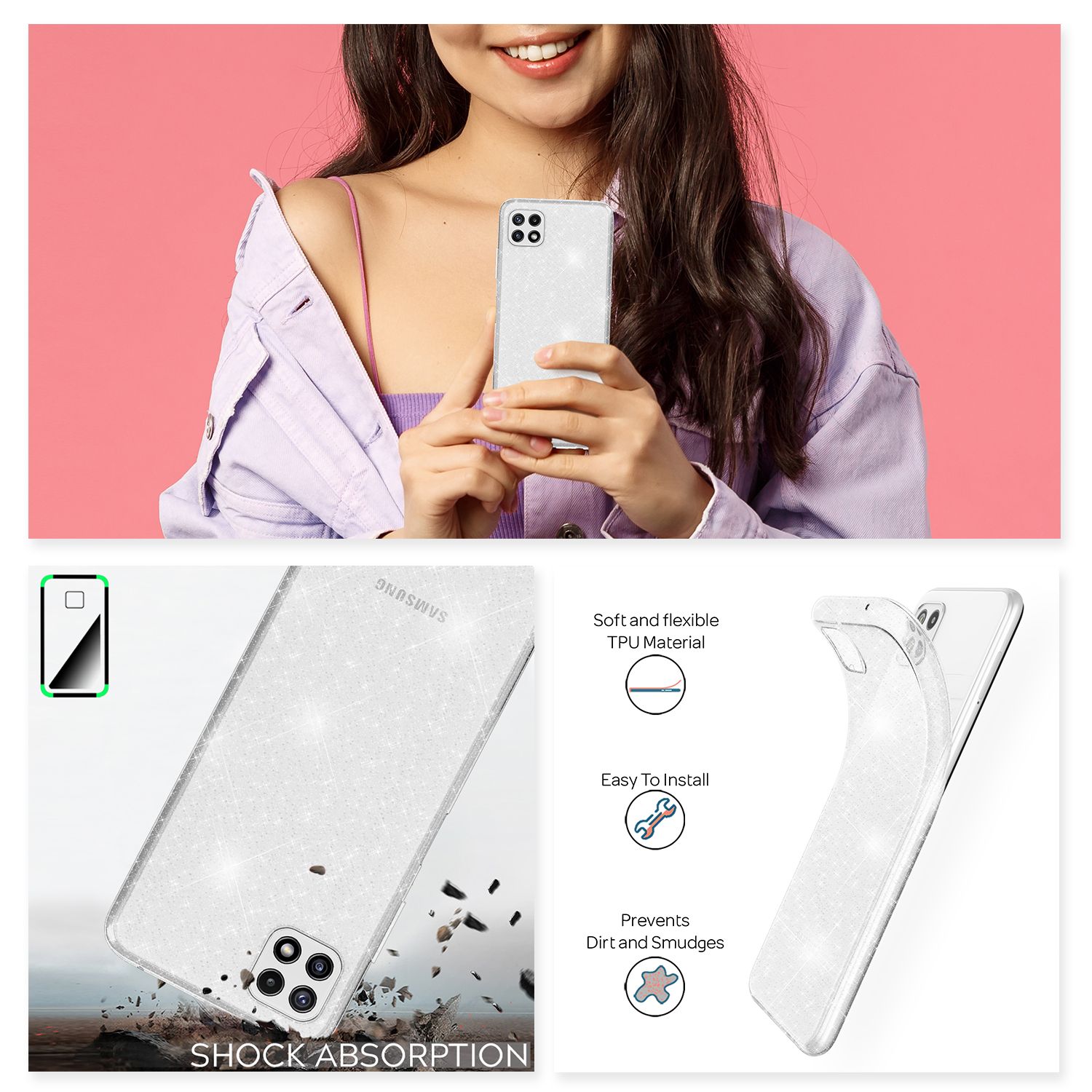 NALIA Klare Glitzerhülle für Samsung Galaxy A22 5G, Durchsichtig Vergilbungsfrei Diamant Cover Default Title NALIA Transparente Hülle
