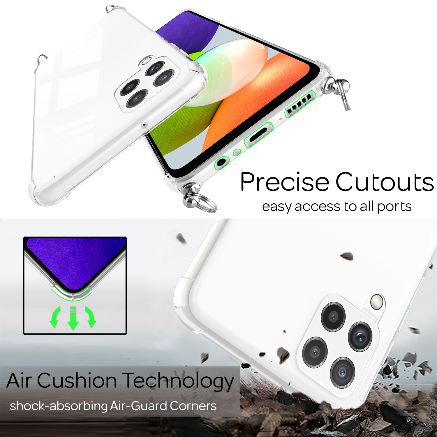 NALIA Handyhülle mit Kette für Samsung Galaxy A22, Transparente Schutzhülle & Handy-Schnur, Robust Vergilbungsfrei Klar Schwarz Bunt NALIA Transparente Hülle