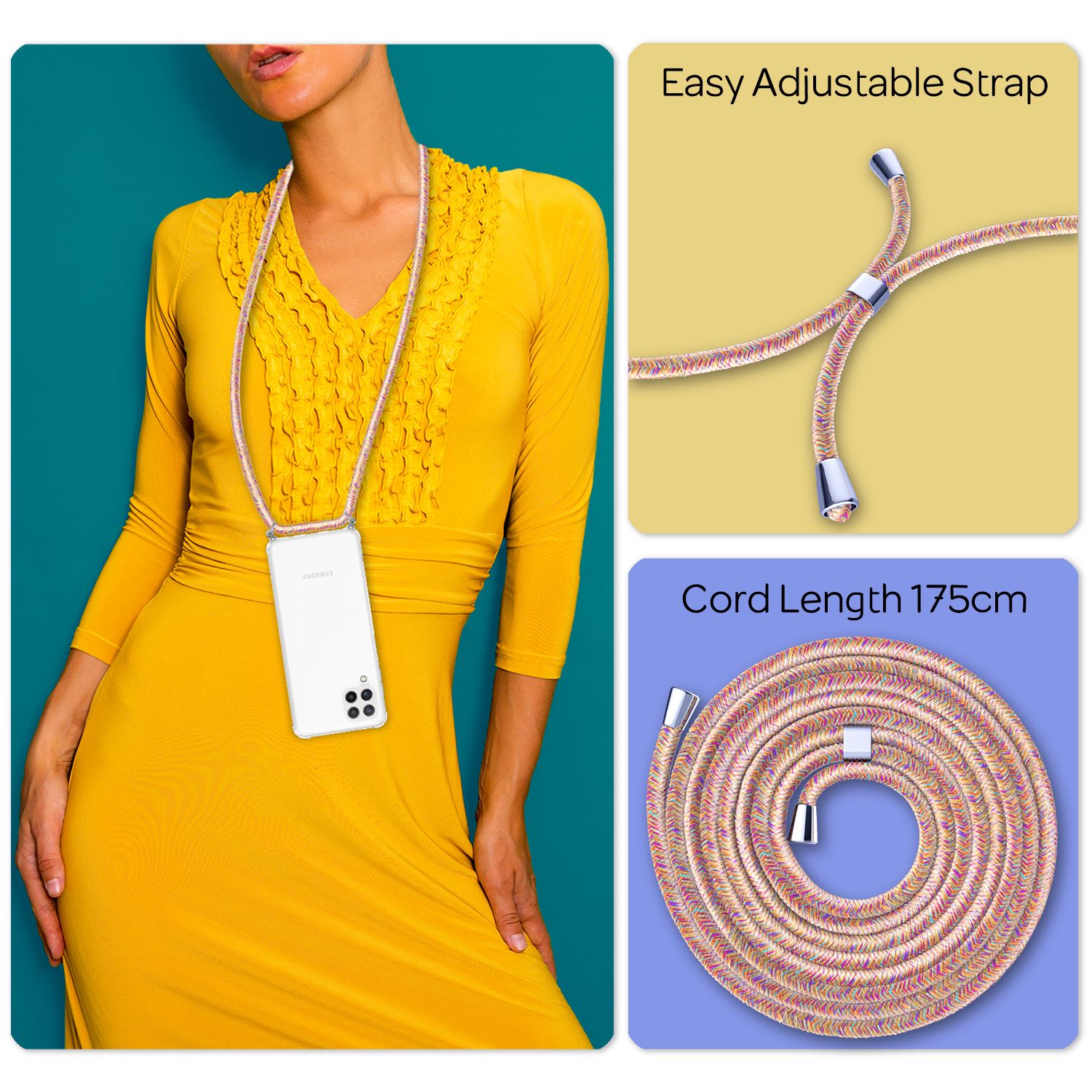 NALIA Handyhülle mit Kette für Samsung Galaxy A22, Transparente Schutzhülle & Handy-Schnur, Robust Vergilbungsfrei Klar Regenbogen NALIA Transparente Hülle