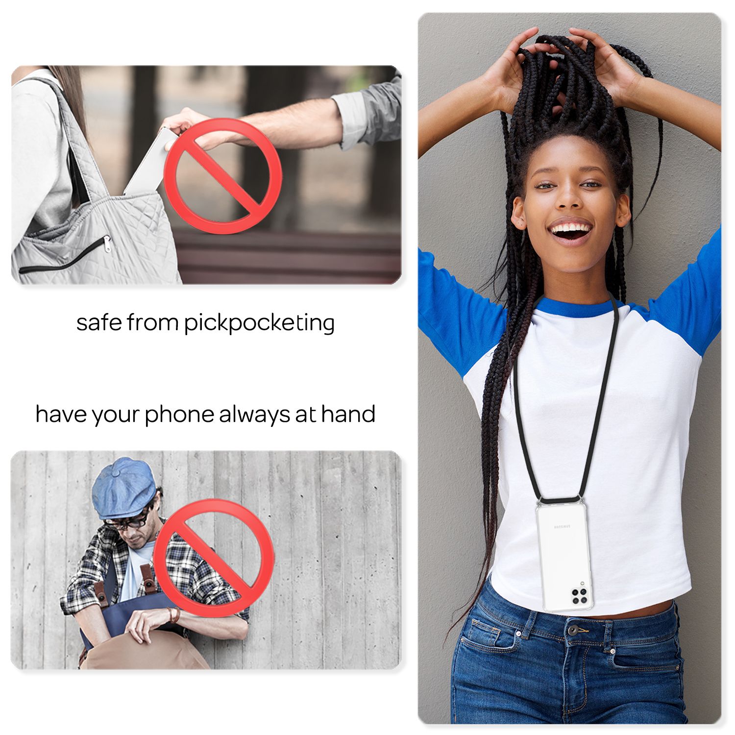 NALIA Handyhülle mit Kette für Samsung Galaxy A22, Transparente Schutzhülle & Handy-Schnur, Robust Vergilbungsfrei Klar Schwarz NALIA Transparente Hülle