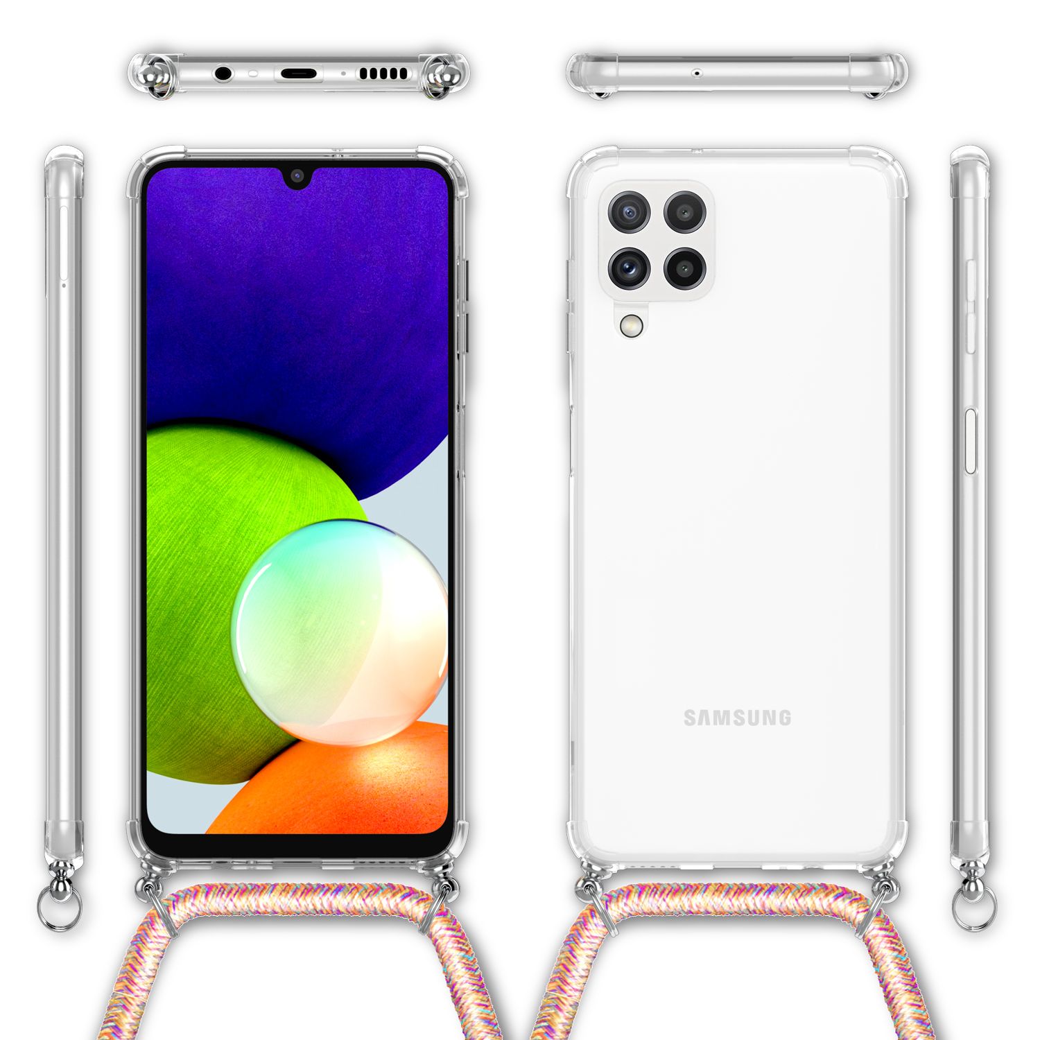 NALIA Handyhülle mit Kette für Samsung Galaxy A22, Transparente Schutzhülle & Handy-Schnur, Robust Vergilbungsfrei Klar Regenbogen NALIA Transparente Hülle