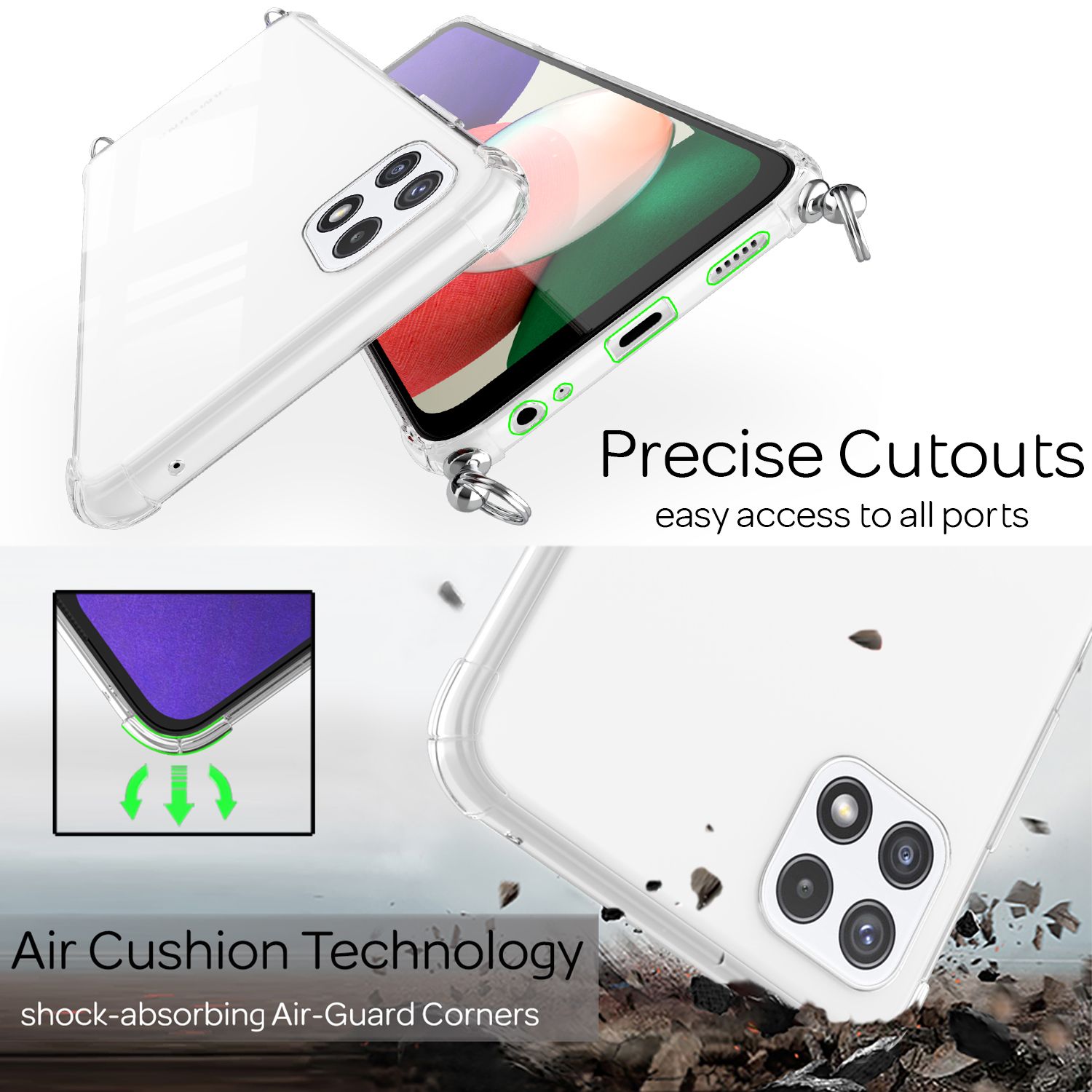 NALIA Handyhülle mit Kette für Samsung Galaxy A22 5G, Transparente Schutzhülle & Handy-Schnur, Robust Regenbogen NALIA Transparente Hülle