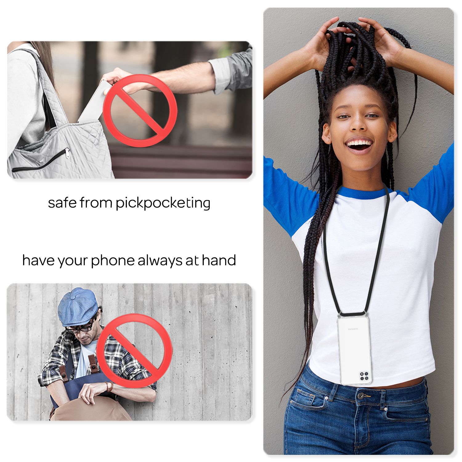 NALIA Handyhülle mit Kette für Samsung Galaxy A22 5G, Transparente Schutzhülle & Handy-Schnur, Robust Schwarz NALIA Transparente Hülle