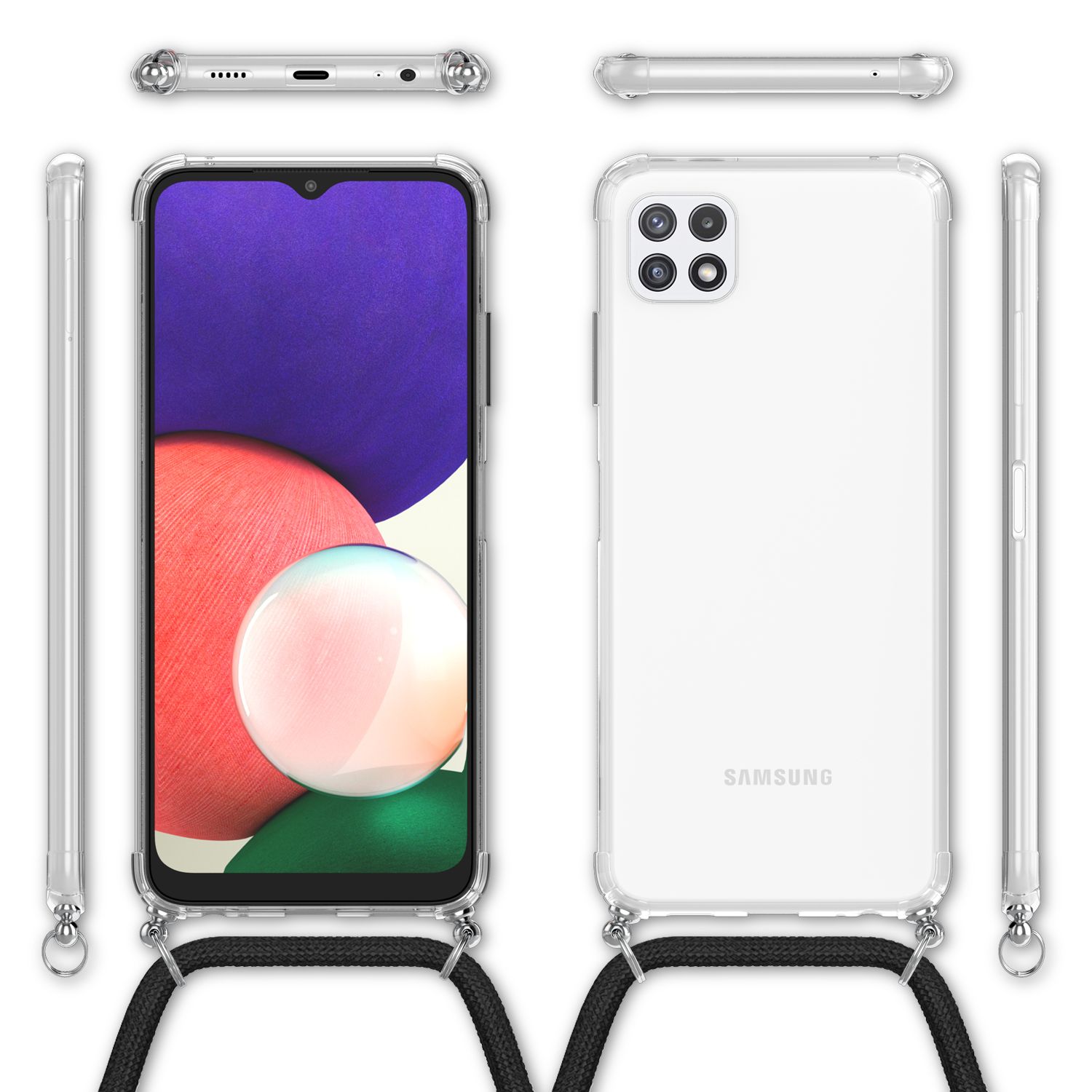 NALIA Handyhülle mit Kette für Samsung Galaxy A22 5G, Transparente Schutzhülle & Handy-Schnur, Robust Schwarz NALIA Transparente Hülle