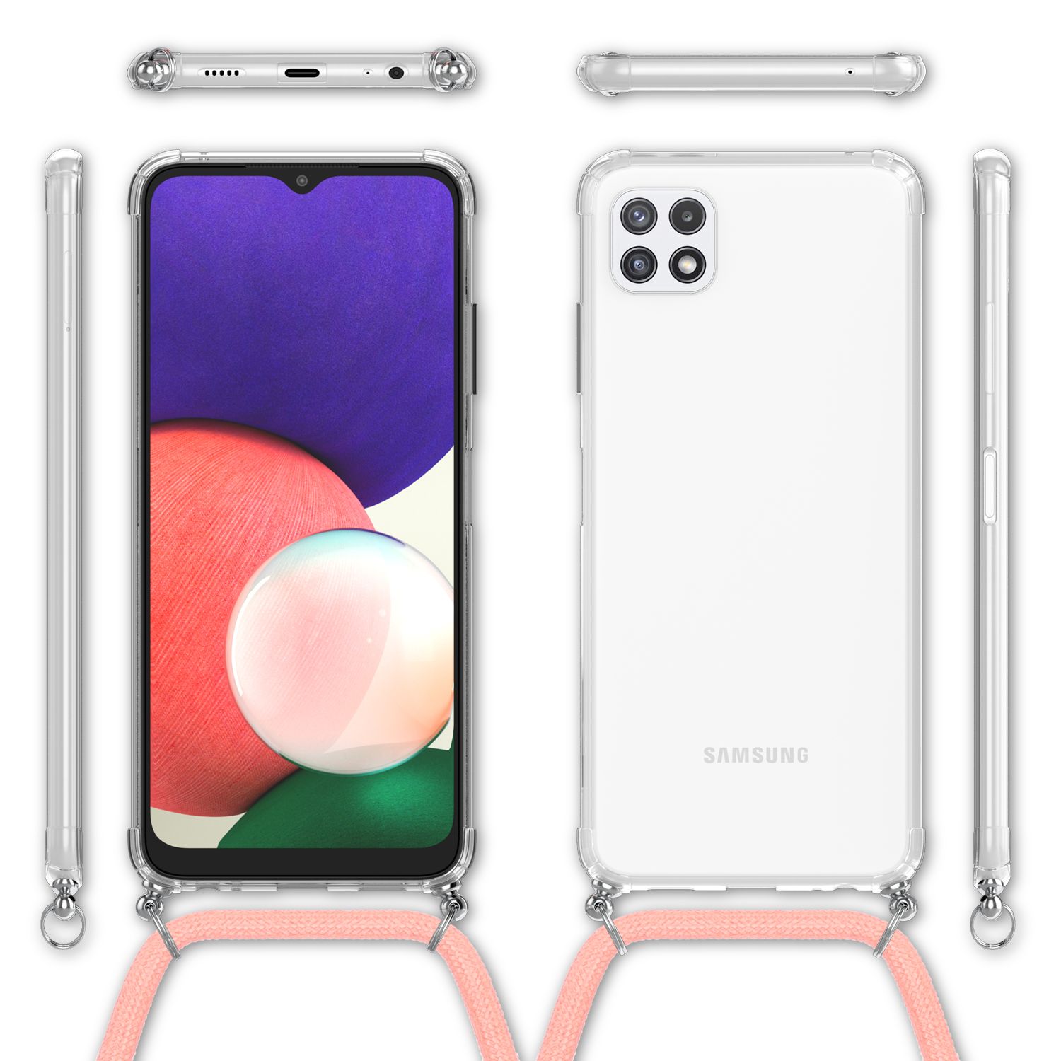 NALIA Handyhülle mit Kette für Samsung Galaxy A22 5G, Transparente Schutzhülle & Handy-Schnur, Robust Pink NALIA Transparente Hülle