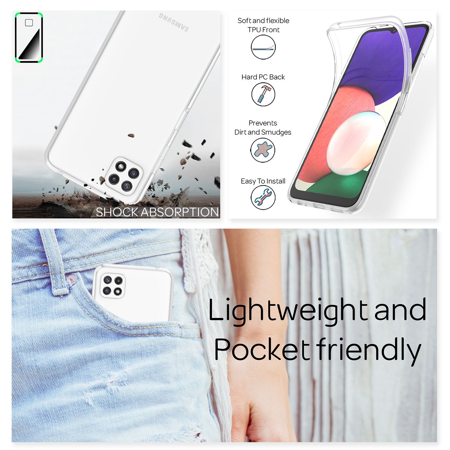 NALIA Klare 360° Schutzhülle für Samsung Galaxy A22 5G, Komplettschutz Transparent, Hardcase & Silikon Bumper Default Title NALIA Transparente Hülle