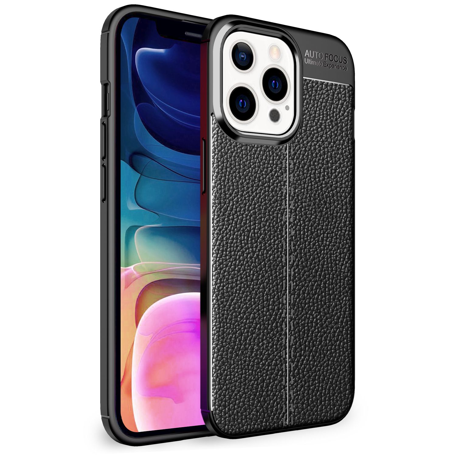 NALIA Leder Look Hülle für iPhone 13 Pro Max, Schwarze Silikonhülle Anti-Fingerabdruck Rutschfest Kratzfest