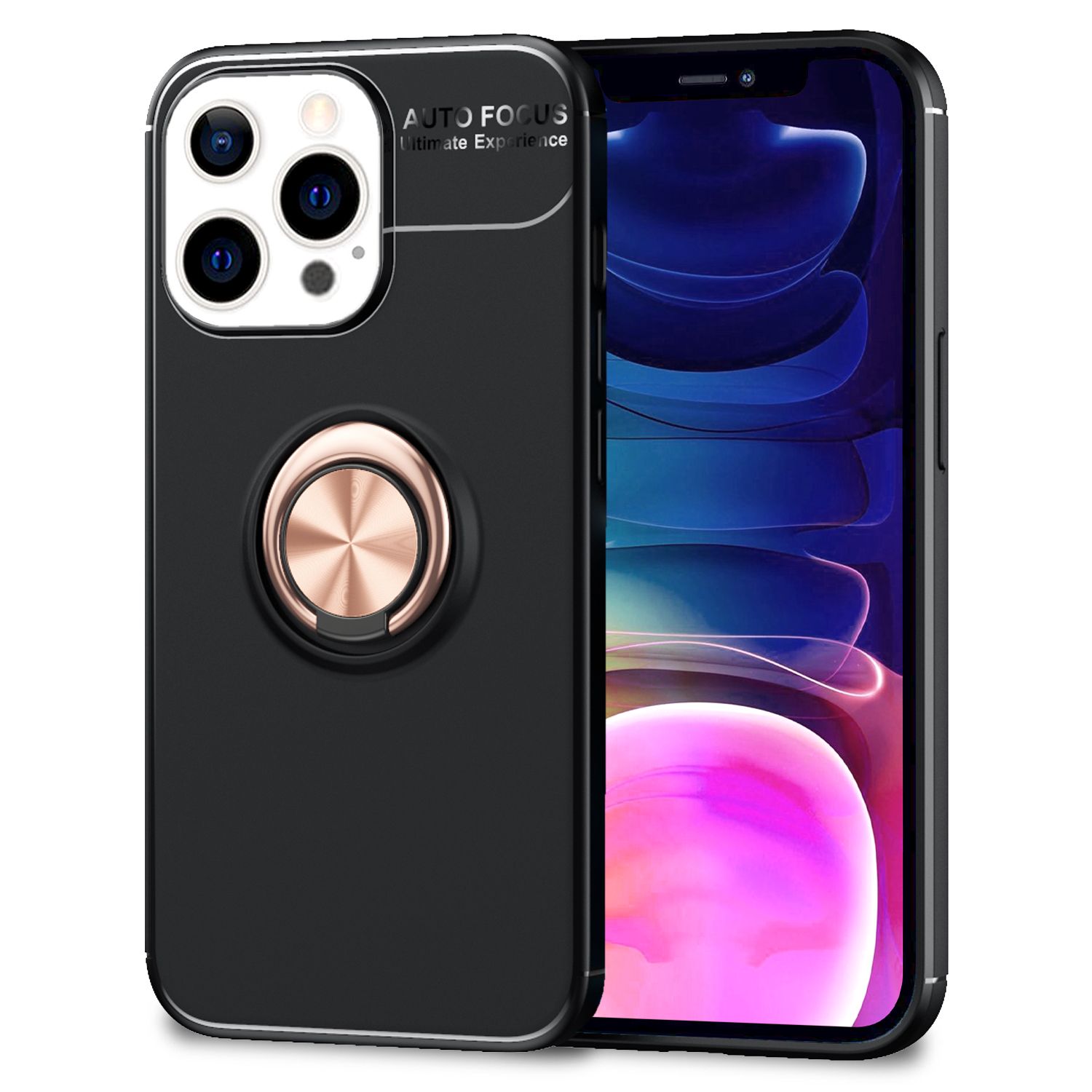 NALIA Schwarze Handy Hülle für iPhone 13 Pro Max, 360° Ring Case Kickstand Cover